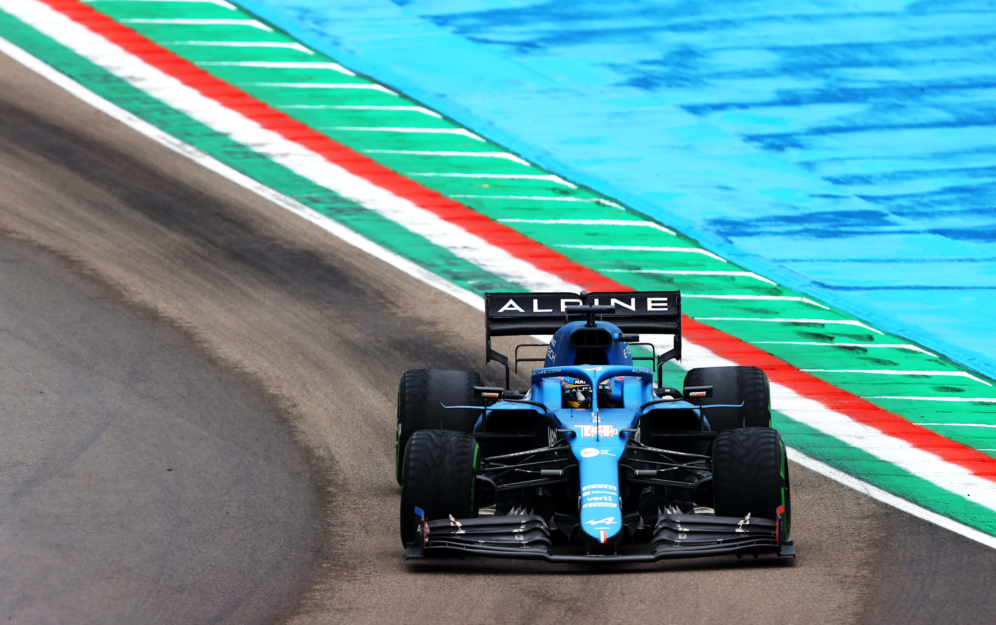 IMOLA, ITALY - APRIL 18: Fernando Alonso of Spain driving the (14) Alpine A521 Renault on track