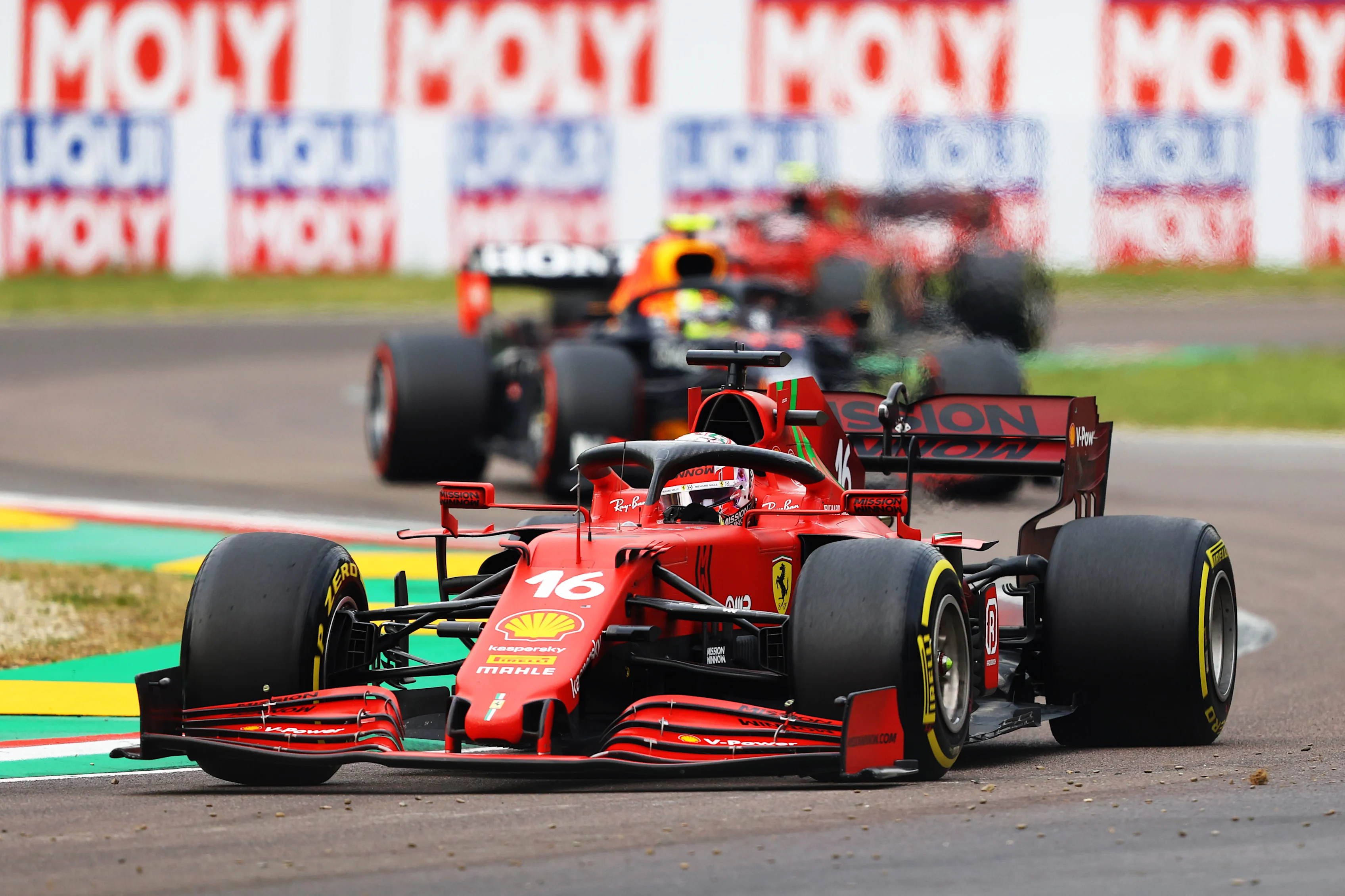 IMOLA, ITALY - APRIL 18: Charles Leclerc of Monaco driving the (16) Scuderia Ferrari SF21 on track