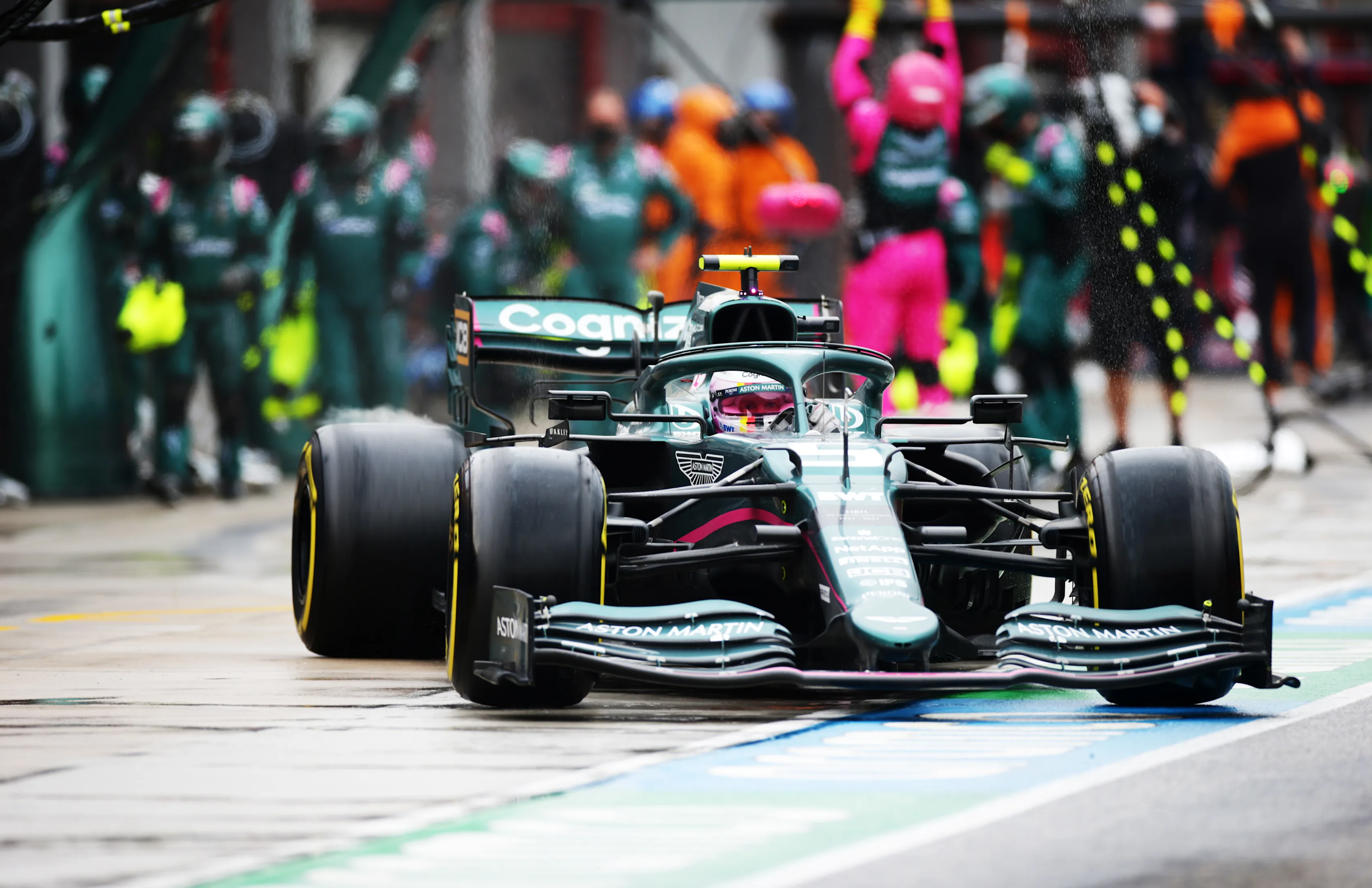 IMOLA, ITALY - APRIL 18: Sebastian Vettel of Germany driving the (5) Aston Martin AMR21 Mercedes in