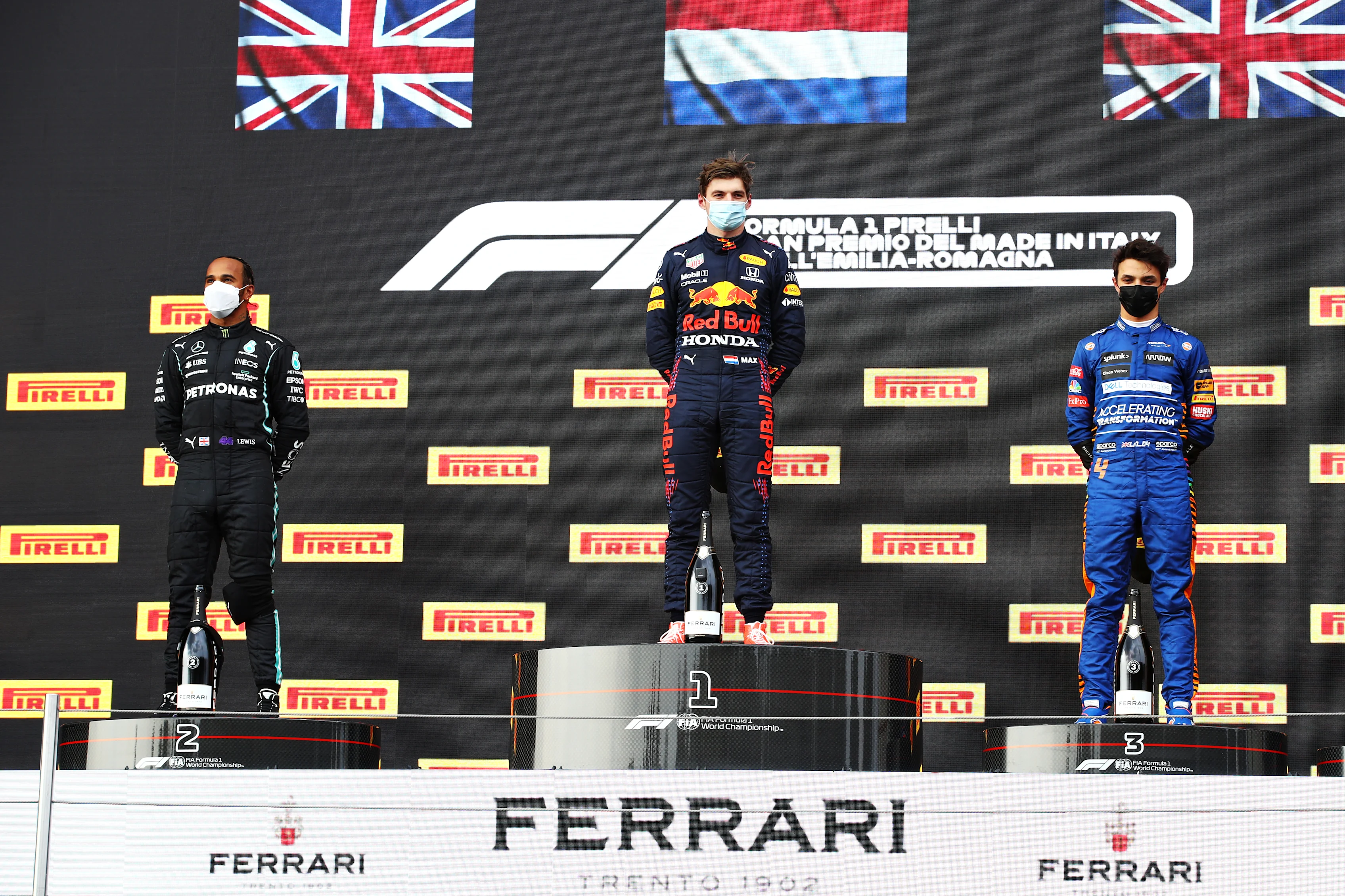 IMOLA, ITALY - APRIL 18: Second placed Lewis Hamilton of Great Britain and Mercedes GP, race winner