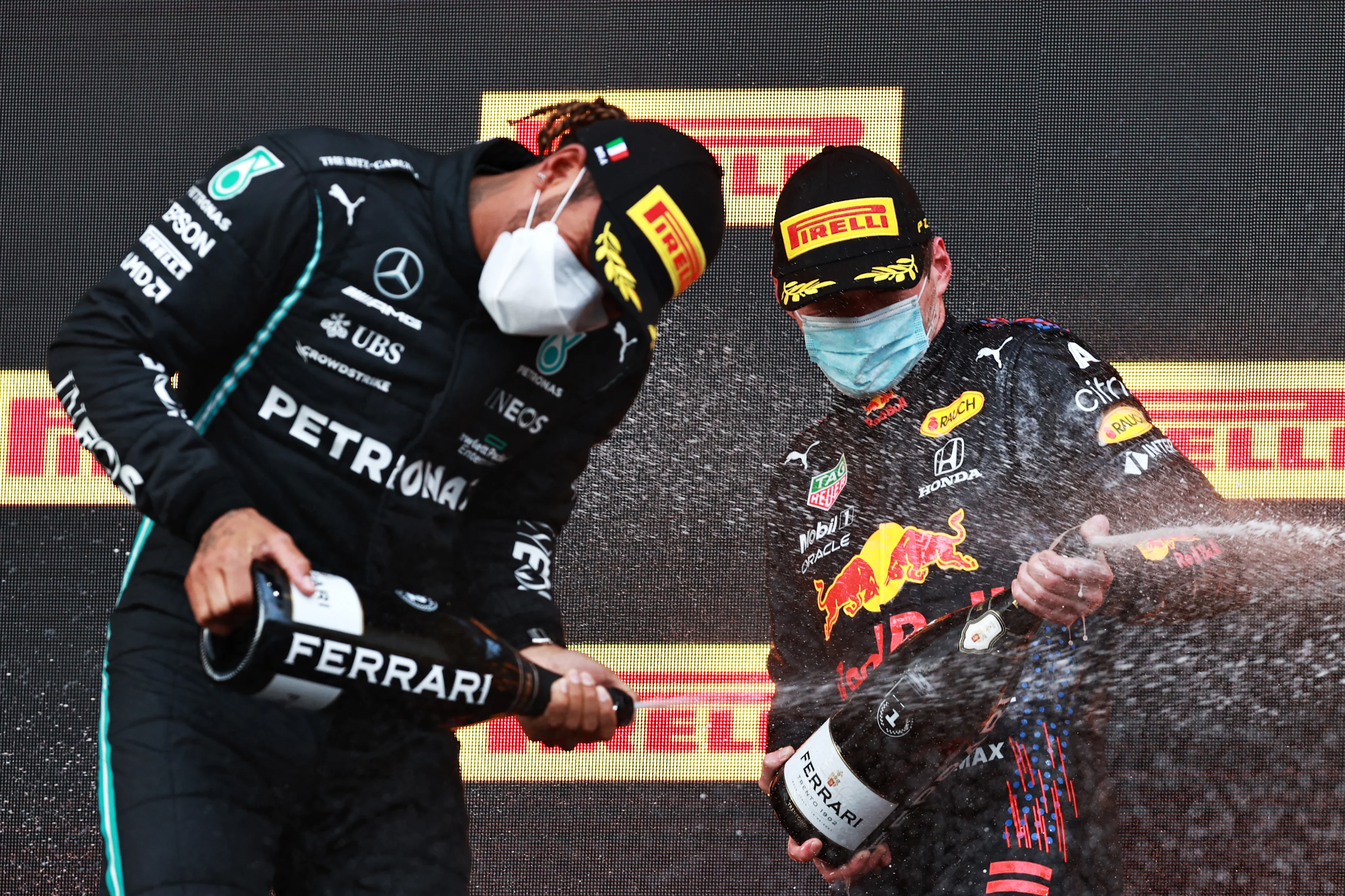 IMOLA, ITALY - APRIL 18: Race winner Max Verstappen of Netherlands and Red Bull Racing and second