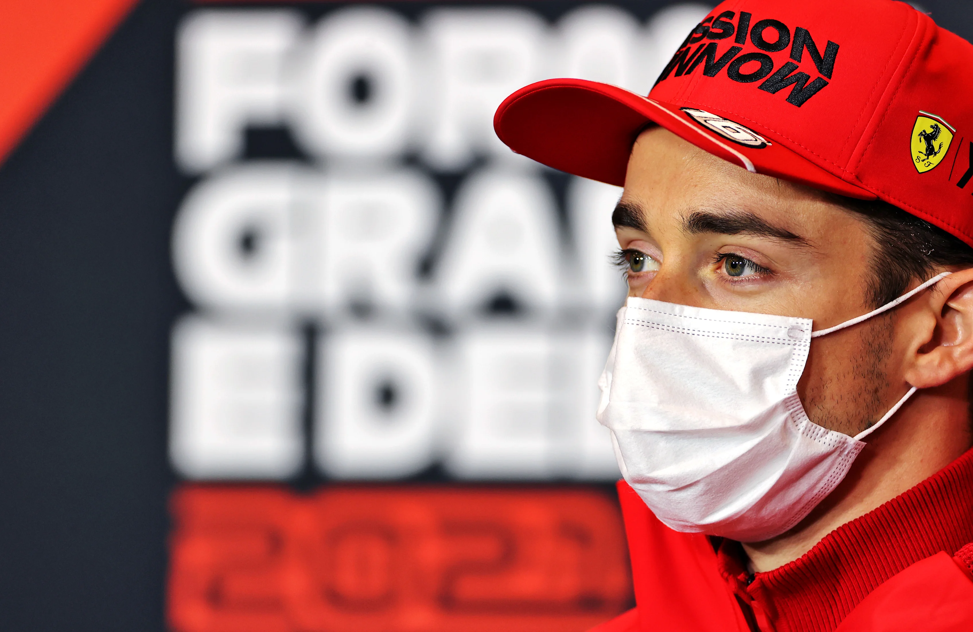 IMOLA, ITALY - APRIL 15: Charles Leclerc of Monaco and Ferrari talks in a Drivers Press Conference
