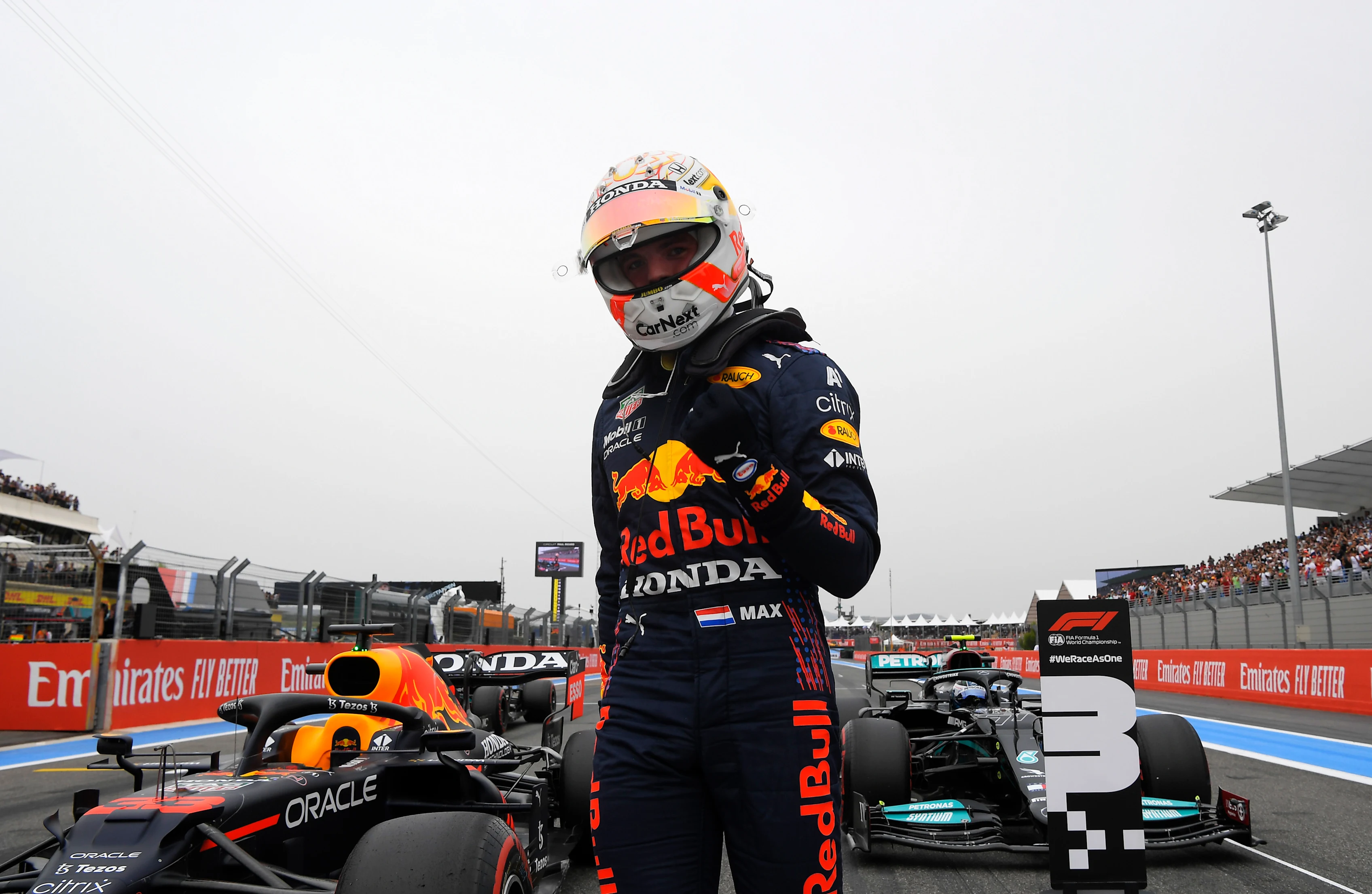 LE CASTELLET, FRANCE - JUNE 19: Pole position qualifier Max Verstappen of Netherlands and Red Bull Racing celebrates in parc ferme during qualifying ahead of the F1 Grand Prix of France at Circuit Paul Ricard on June 19, 2021 in Le Castellet, France. (Photo by Nicolas Tucat - Pool/Getty Images)