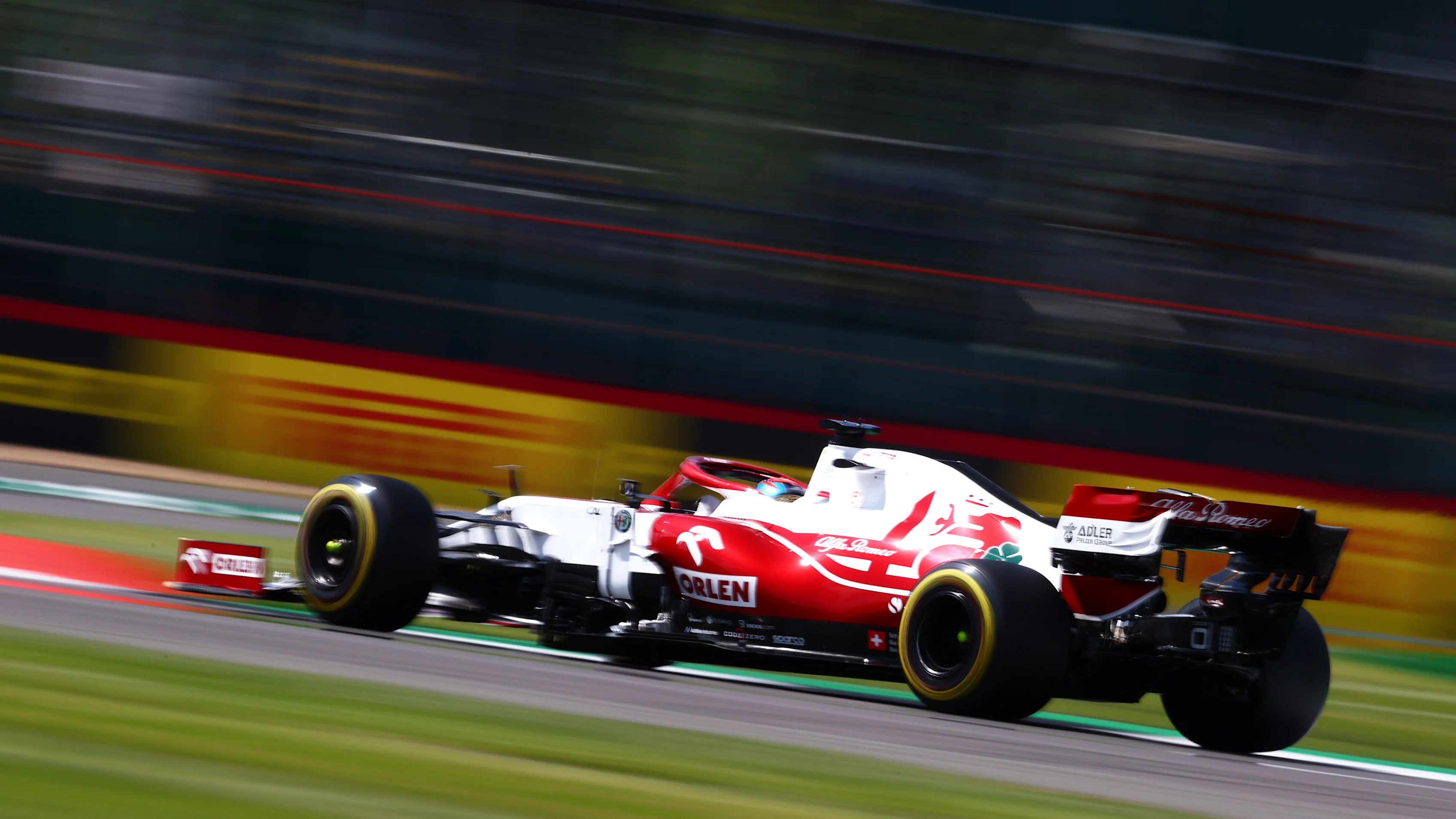 NORTHAMPTON, ENGLAND - JULY 16: Kimi Raikkonen of Finland driving the (7) Alfa Romeo Racing C41 Ferrari during practice ahead of the F1 Grand Prix of Great Britain at Silverstone on July 16, 2021 in Northampton, England. (Photo by Dan Istitene - Formula 1/Formula 1 via Getty Images)