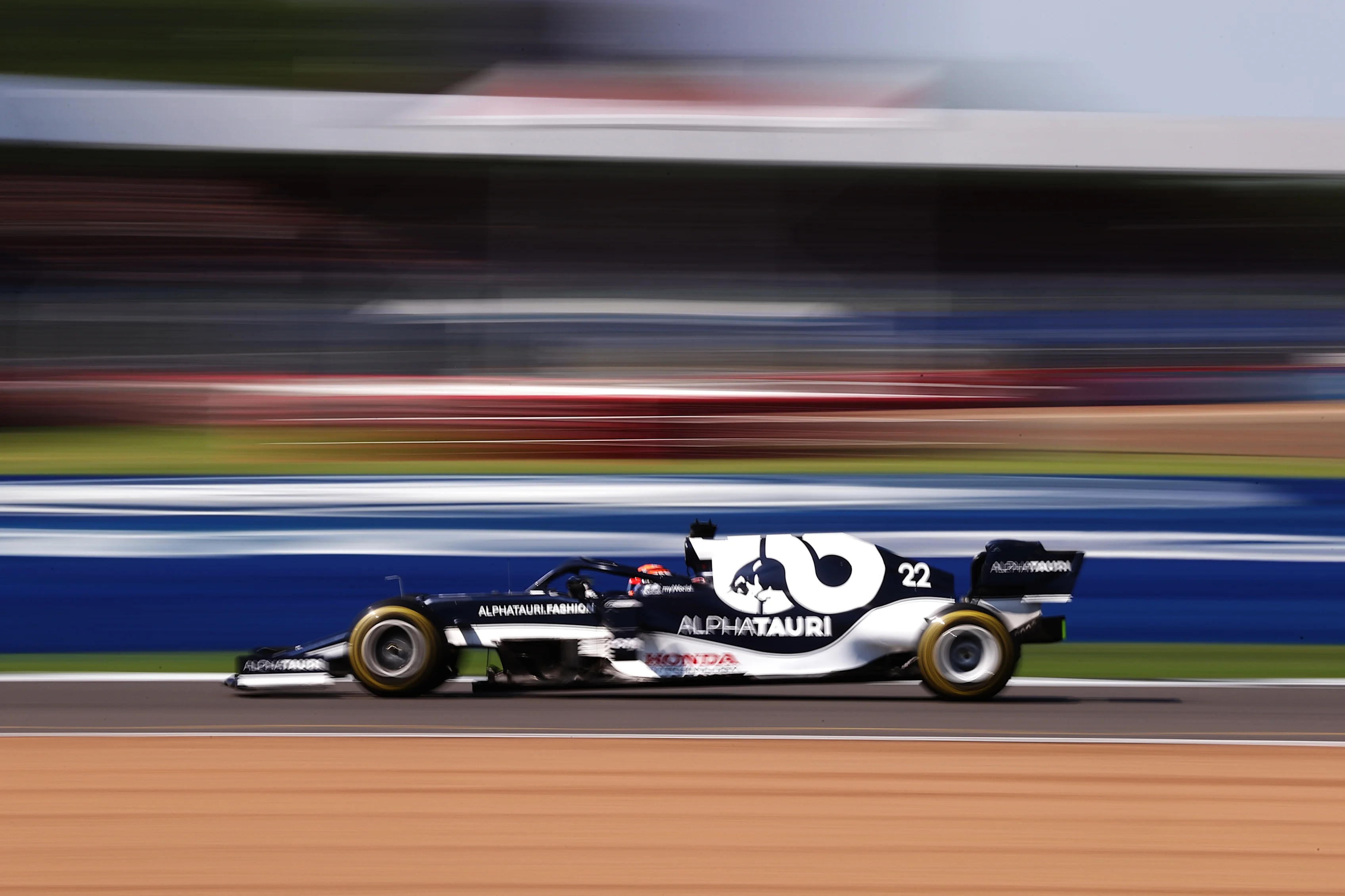 NORTHAMPTON, ENGLAND - JULY 18: Yuki Tsunoda of Japan driving the (22) Scuderia AlphaTauri AT02 Honda during the F1 Grand Prix of Great Britain at Silverstone on July 18, 2021 in Northampton, England. (Photo by Lars Baron/Getty Images)