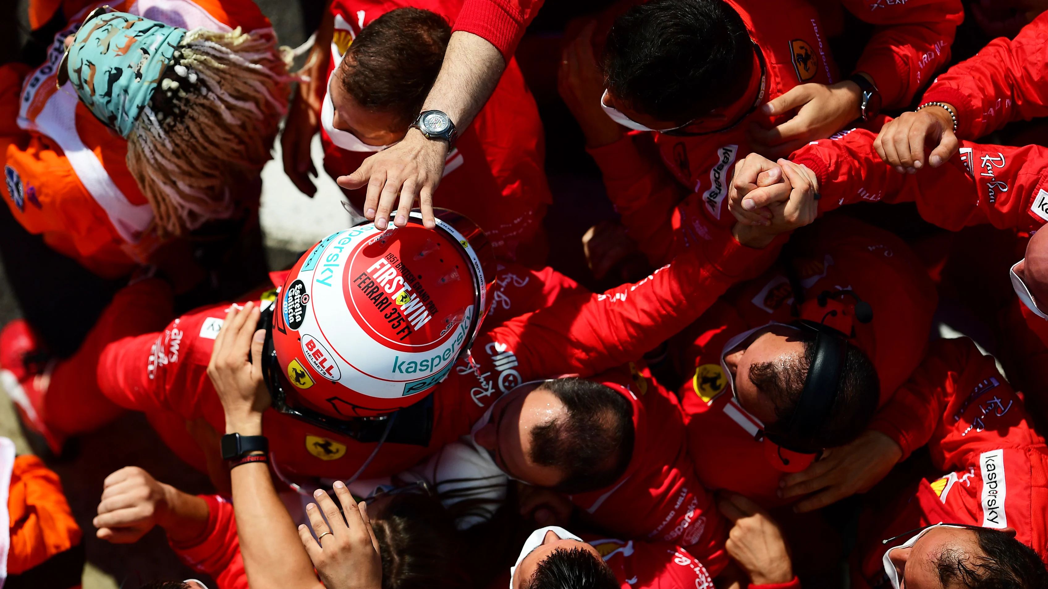 NORTHAMPTON, ENGLAND - JULY 18: Second placed Charles Leclerc of Monaco and Ferrari celebrates in