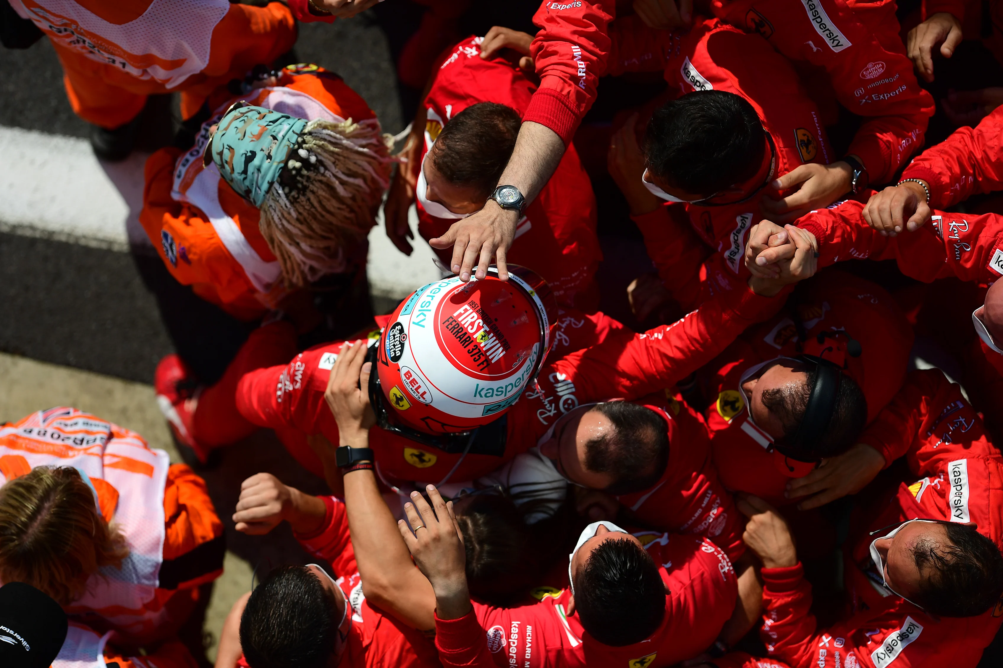 NORTHAMPTON, ENGLAND - JULY 18: Second placed Charles Leclerc of Monaco and Ferrari celebrates in
