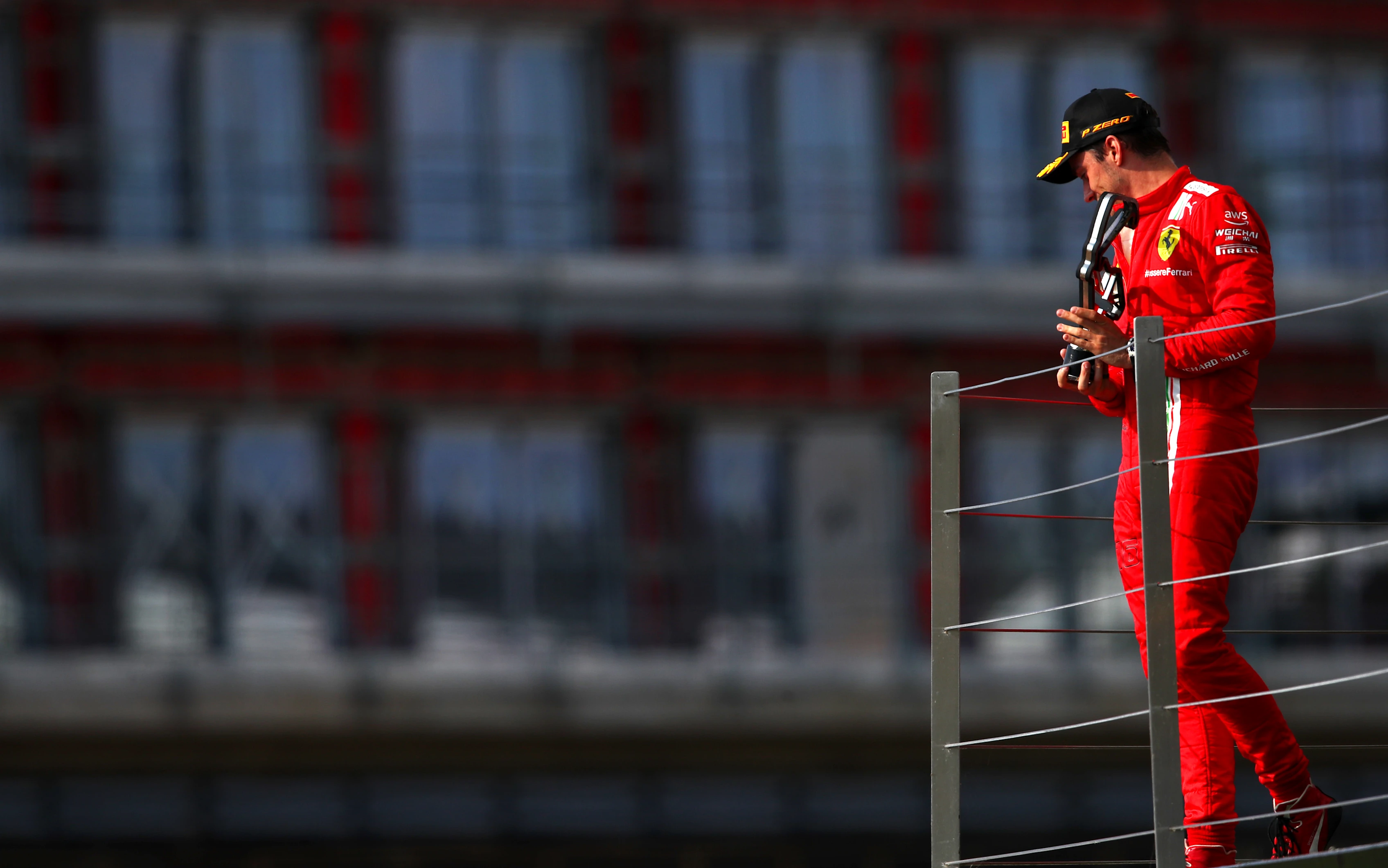NORTHAMPTON, ENGLAND - JULY 18: Second placed Charles Leclerc of Monaco and Ferrari celebrates on