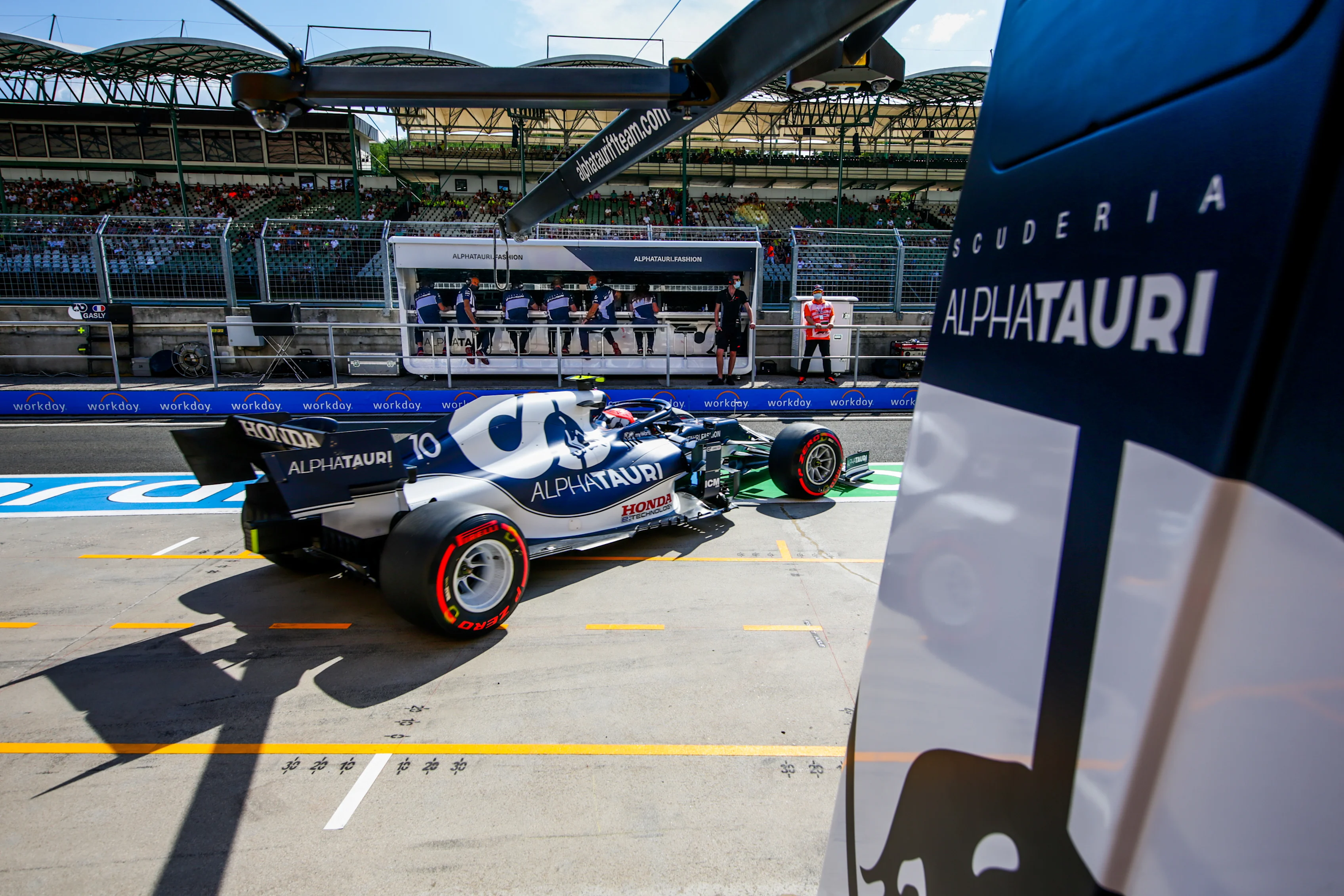 BUDAPEST, HUNGARY - JULY 30: Pierre Gasly of Scuderia AlphaTauri and France leaves the garage during practice ahead of the F1 Grand Prix of Hungary at Hungaroring on July 30, 2021 in Budapest, Hungary. (Photo by Peter Fox/Getty Images)