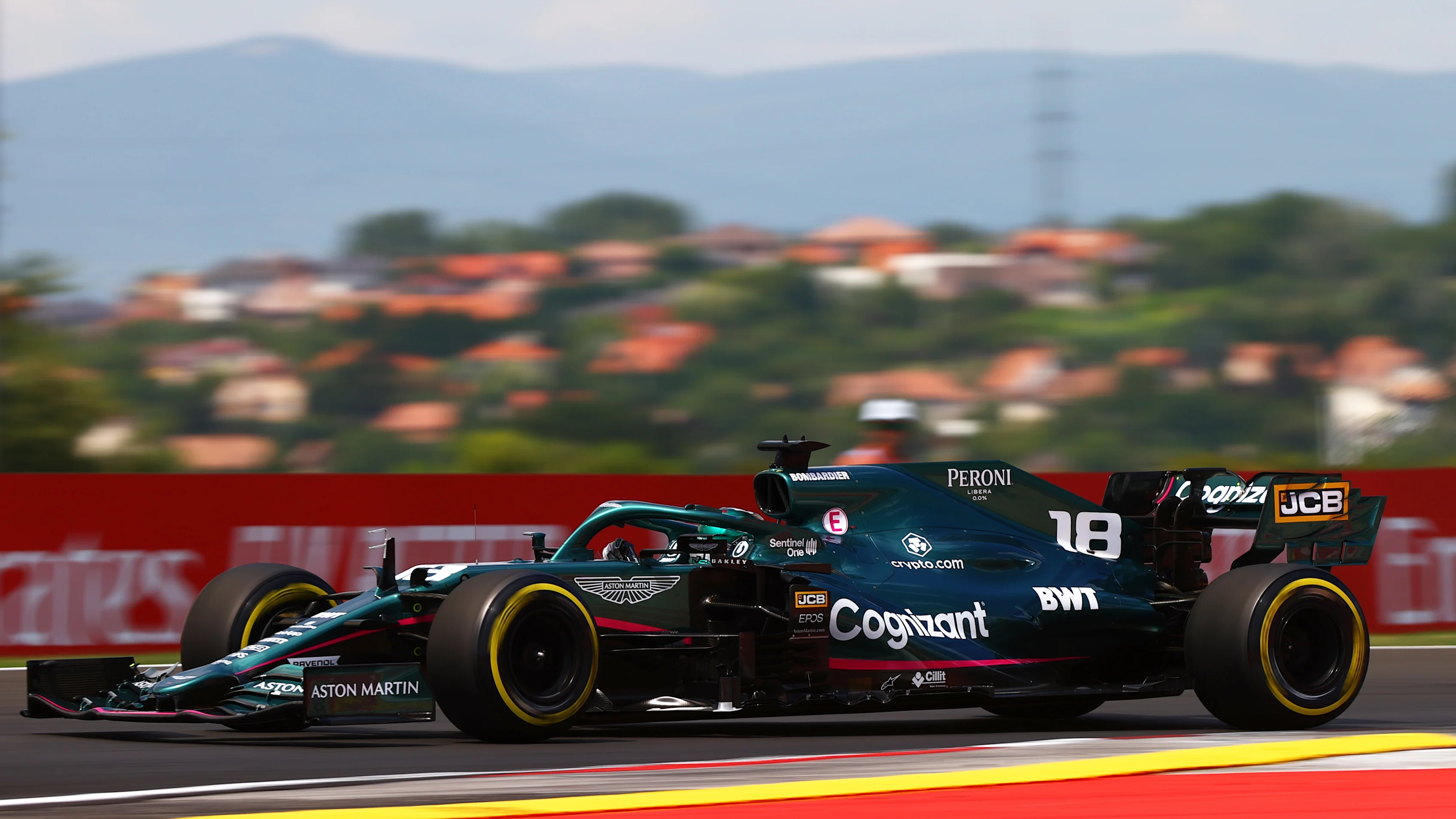 BUDAPEST, HUNGARY - JULY 31: Lance Stroll of Canada driving the (18) Aston Martin AMR21 Mercedes during final practice ahead of the F1 Grand Prix of Hungary at Hungaroring on July 31, 2021 in Budapest, Hungary. (Photo by Dan Istitene - Formula 1/Formula 1 via Getty Images)