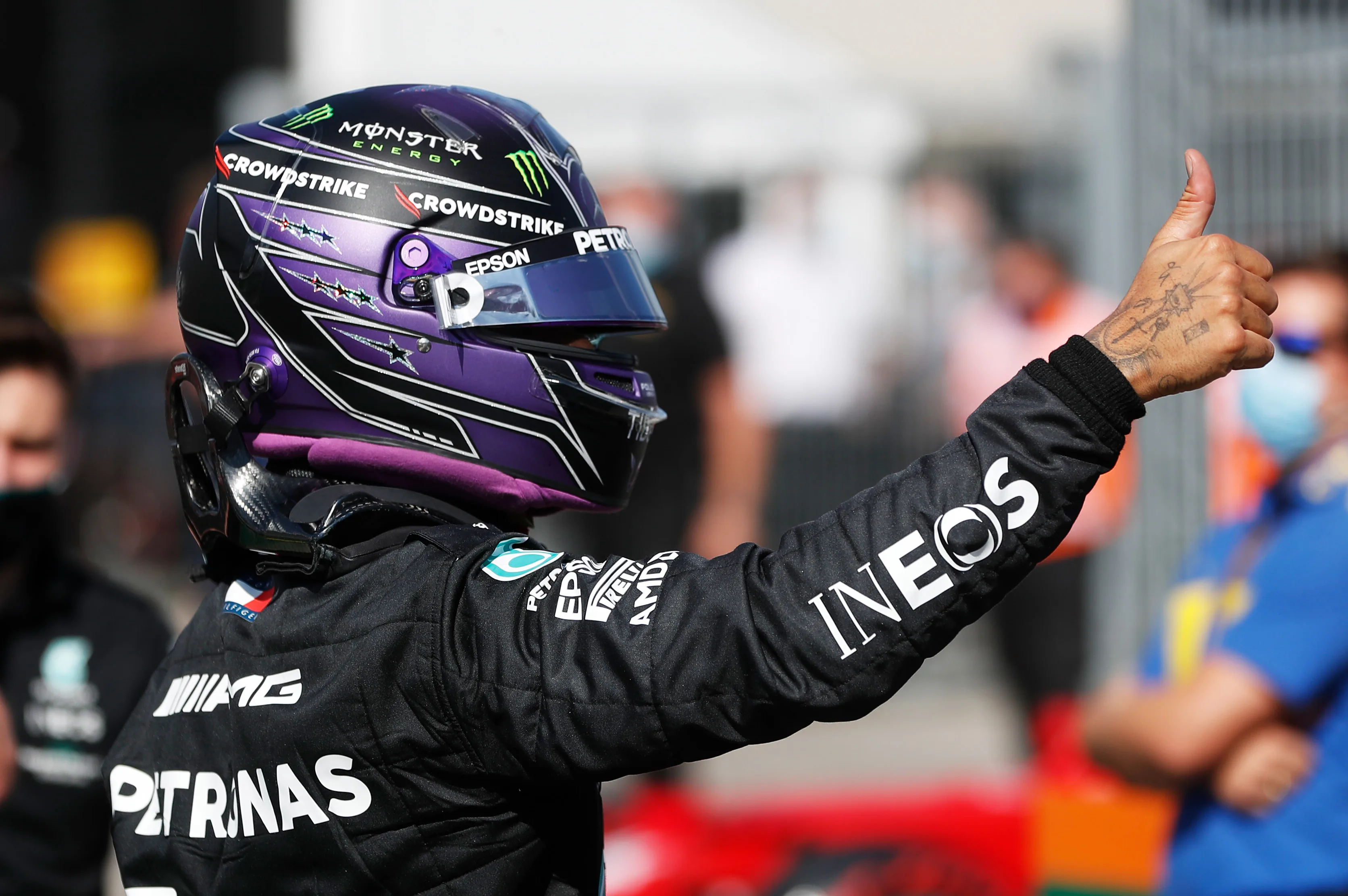 BUDAPEST, HUNGARY - JULY 31: Pole position qualifier Lewis Hamilton of Great Britain and Mercedes GP celebrates in parc ferme during qualifying ahead of the F1 Grand Prix of Hungary at Hungaroring on July 31, 2021 in Budapest, Hungary. (Photo by David W Cerny - Pool/Getty Images)