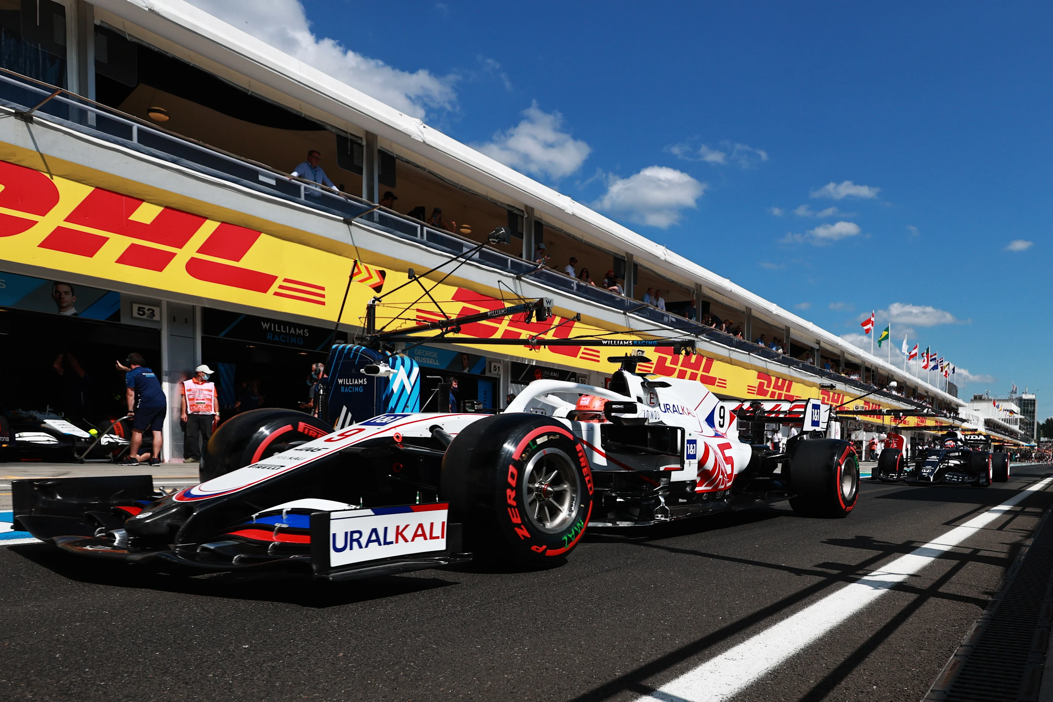 BUDAPEST, HUNGARY - JULY 31: Nikita Mazepin of Russia driving the (9) Haas F1 Team VF-21 Ferrari in the Pitlane during qualifying ahead of the F1 Grand Prix of Hungary at Hungaroring on July 31, 2021 in Budapest, Hungary. (Photo by Mark Thompson/Getty Images)