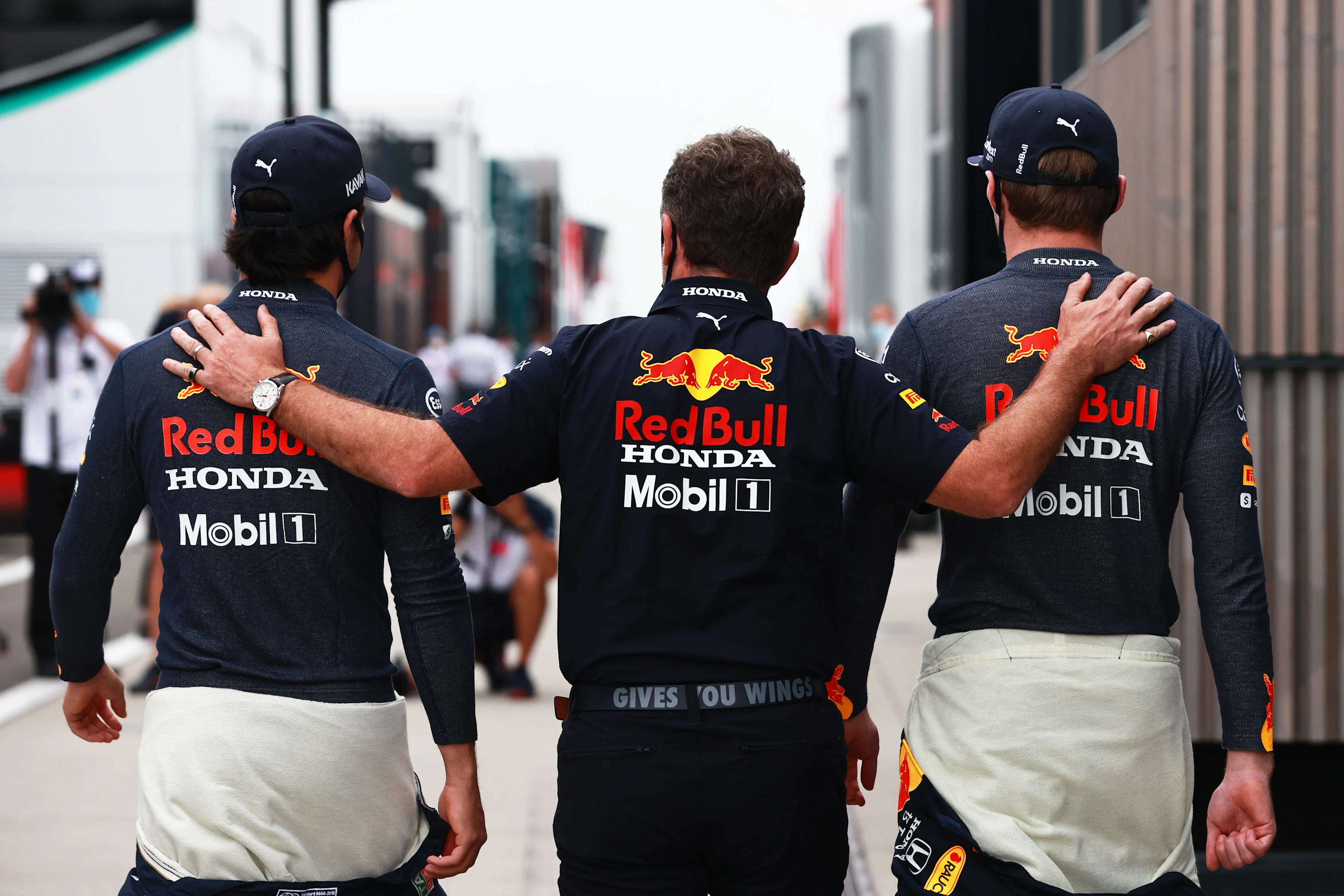 BUDAPEST, HUNGARY - AUGUST 01: Red Bull Racing Team Principal Christian Horner talks with Max