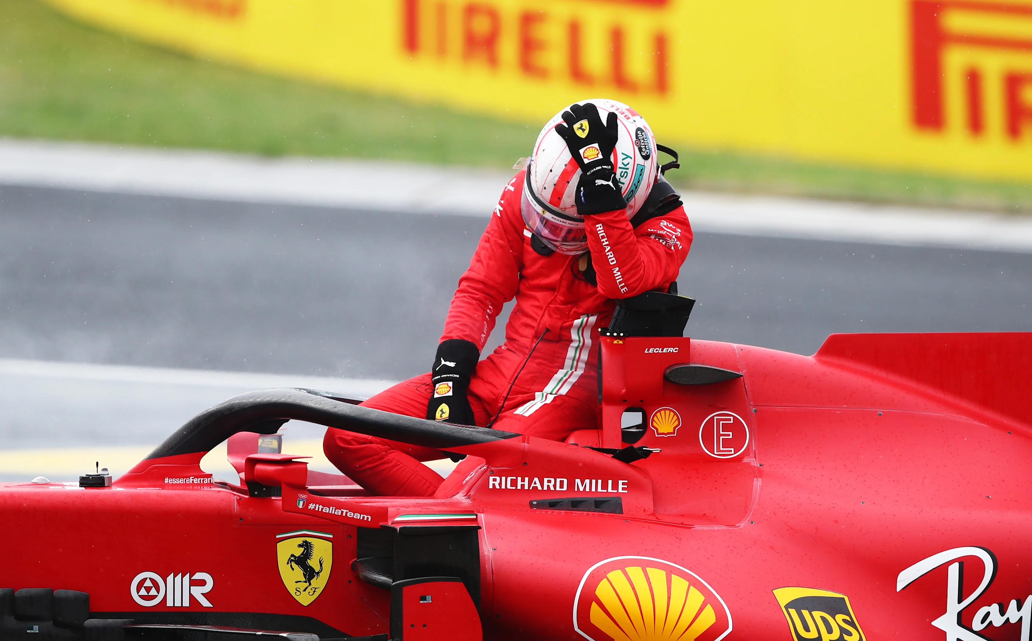 BUDAPEST, HUNGARY - AUGUST 01: Charles Leclerc of Monaco and Ferrari retires from the race during