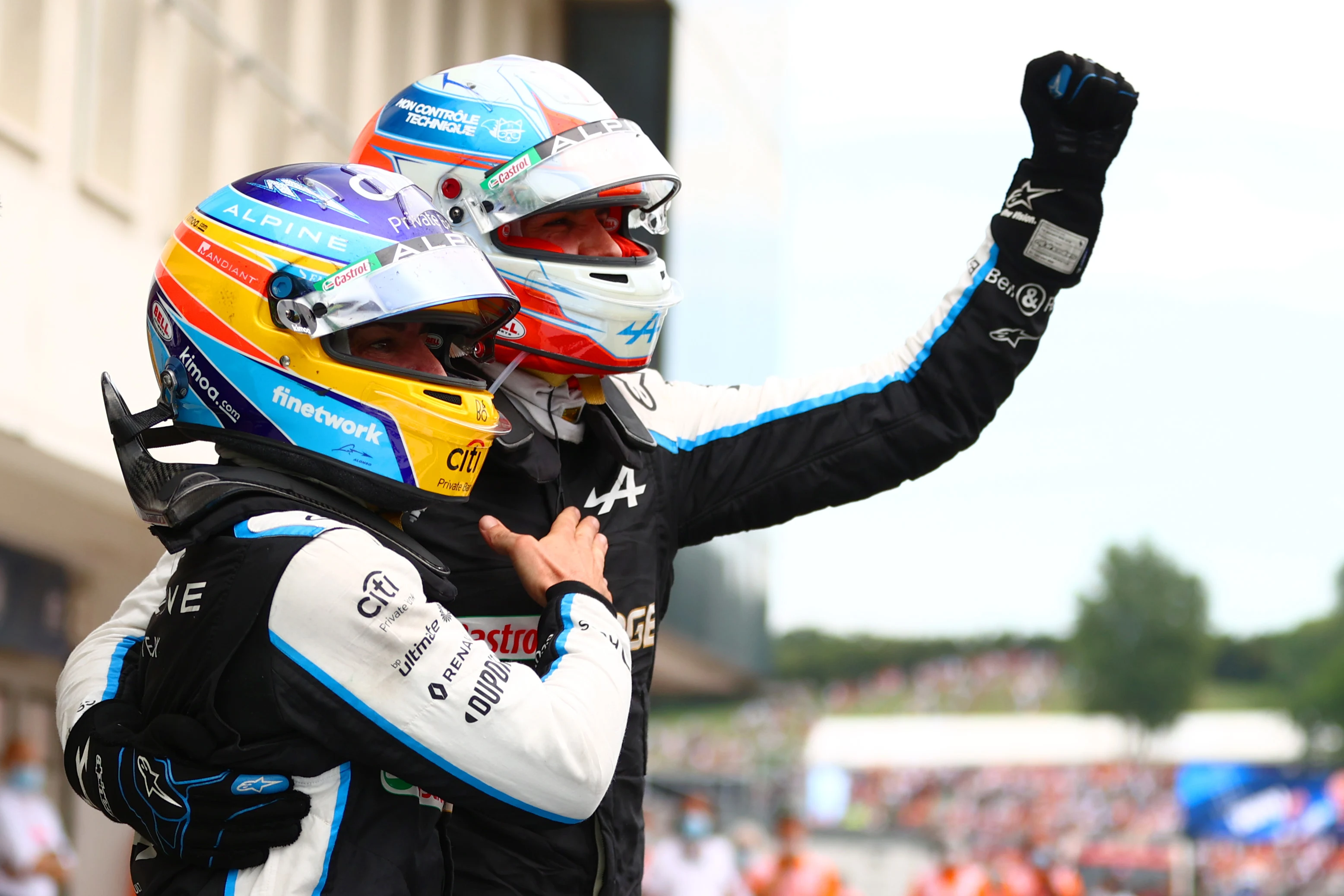 BUDAPEST, HUNGARY - AUGUST 01: Esteban Ocon of France and Alpine celebrates victory in parc ferme