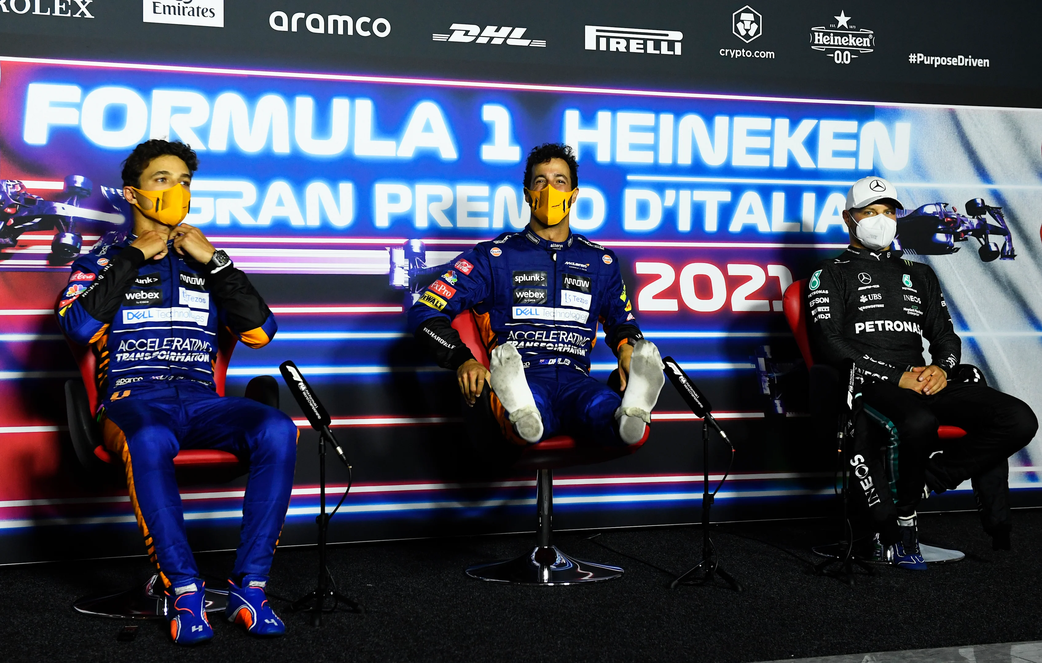 MONZA, ITALY - SEPTEMBER 12: Race winner Daniel Ricciardo of Australia and McLaren F1, second