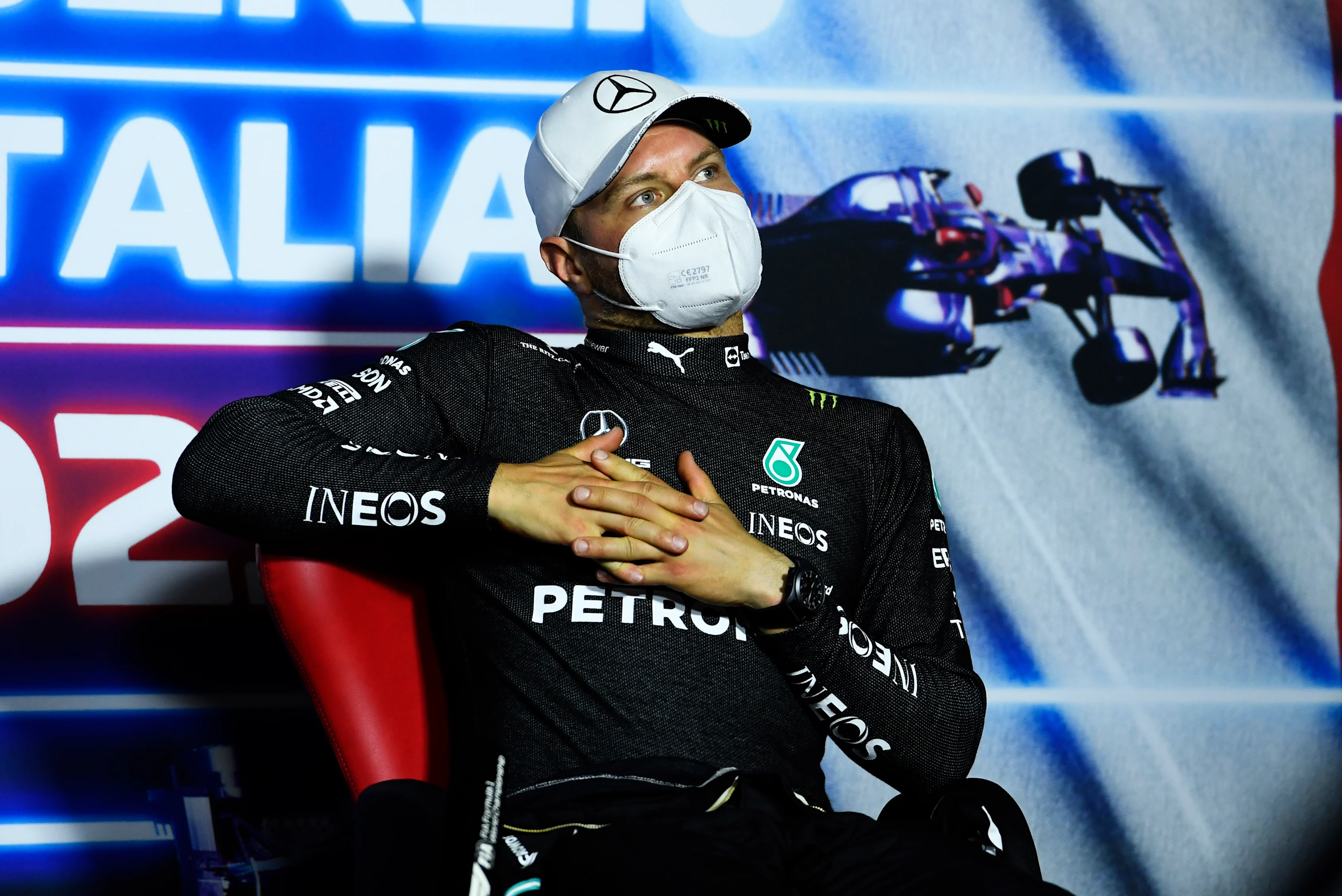 MONZA, ITALY - SEPTEMBER 12: Third placed Valtteri Bottas of Finland and Mercedes GP talks in the press conference after the F1 Grand Prix of Italy at Autodromo di Monza on September 12, 2021 in Monza, Italy. (Photo by Rudy Carezzevoli/Getty Images)