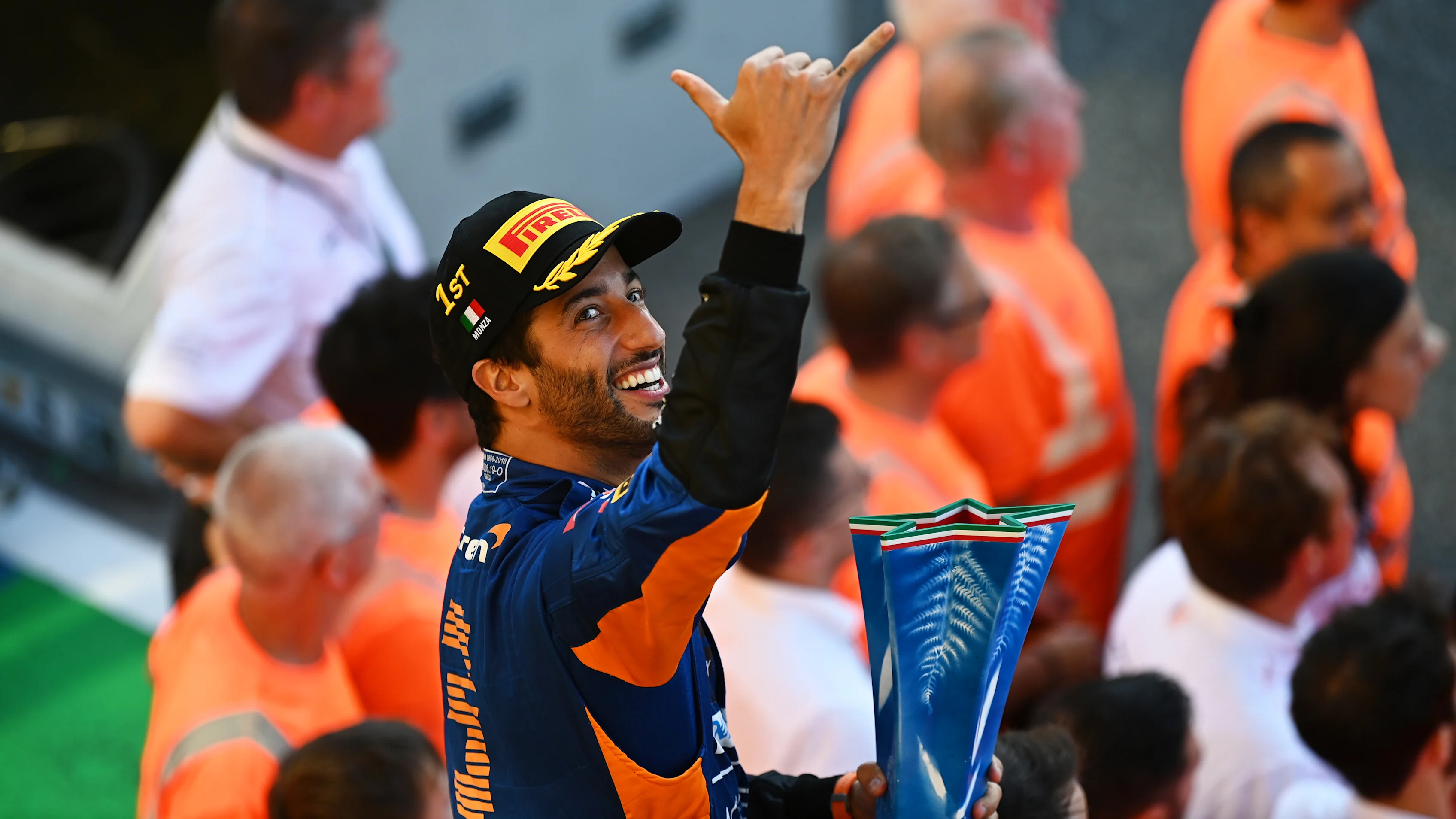 MONZA, ITALY - SEPTEMBER 12: Race winner Daniel Ricciardo of Australia and McLaren F1 celebrates
