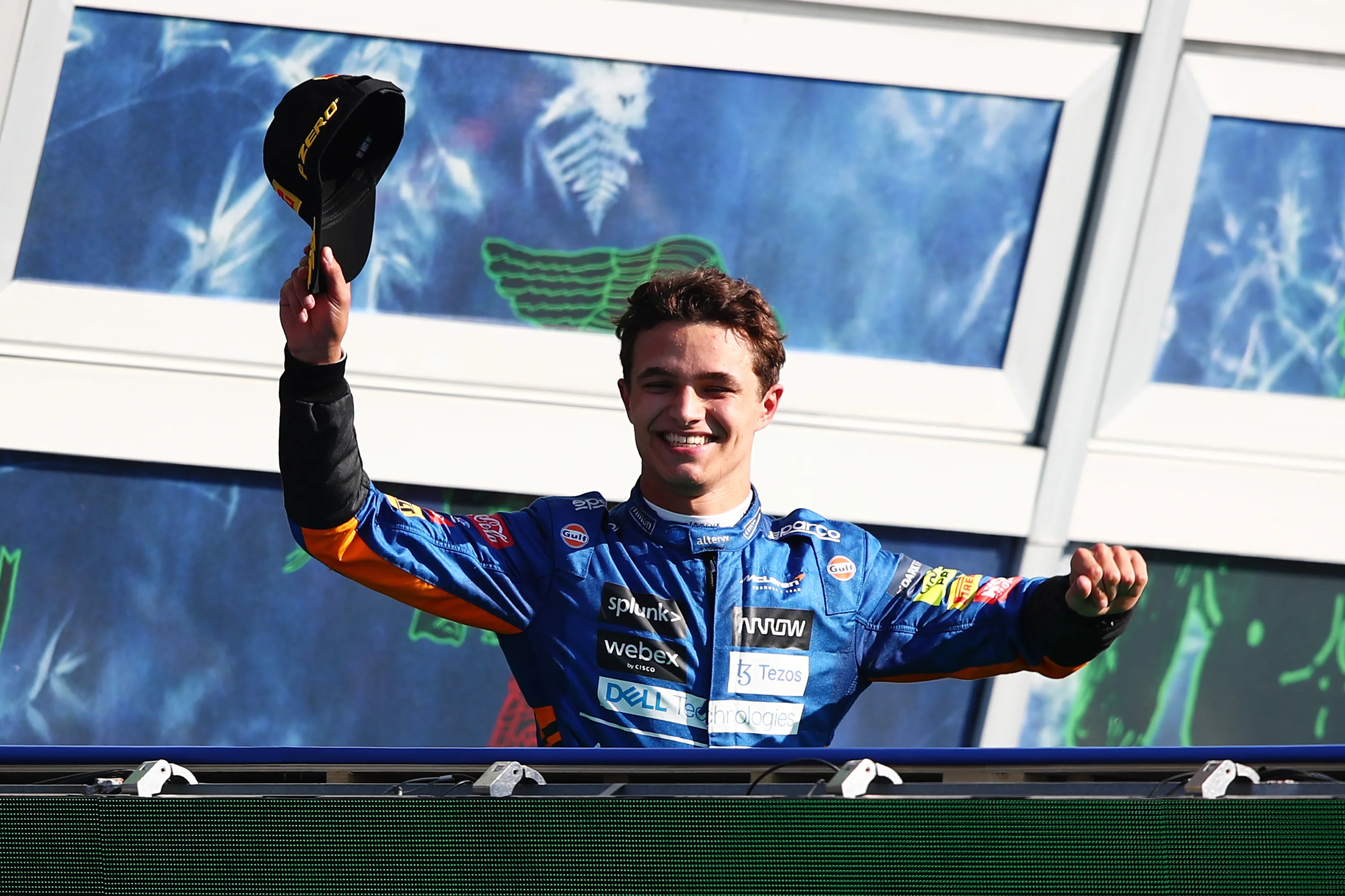 MONZA, ITALY - SEPTEMBER 12: Second placed Lando Norris of Great Britain and McLaren F1 celebrates