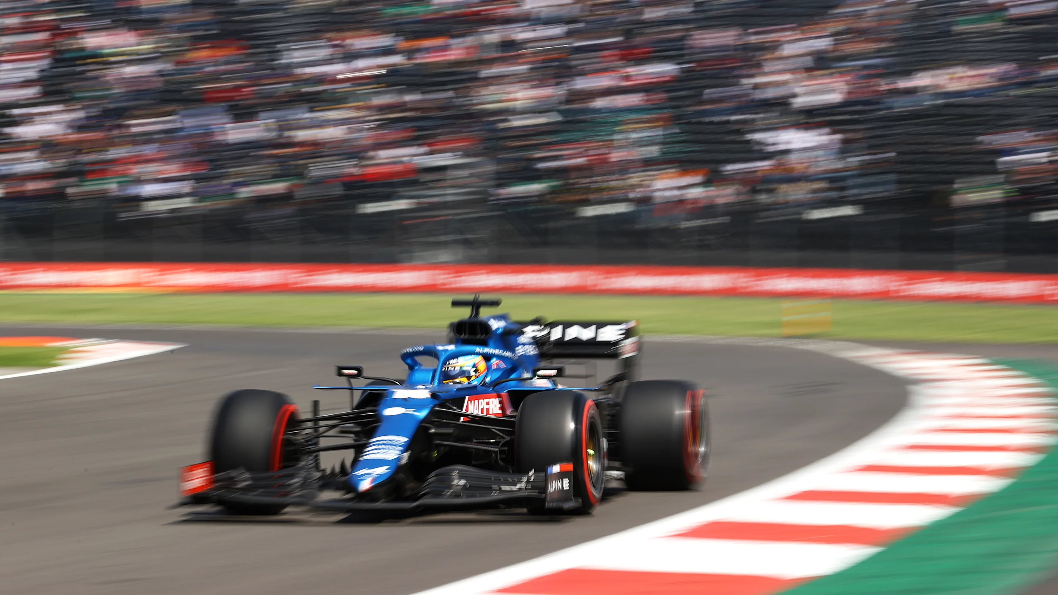 MEXICO CITY, MEXICO - NOVEMBER 05: Fernando Alonso of Spain driving the (14) Alpine A521 Renault during practice ahead of the F1 Grand Prix of Mexico at Autodromo Hermanos Rodriguez on November 05, 2021 in Mexico City, Mexico. (Photo by Bryn Lennon - Formula 1/Formula 1 via Getty Images)
