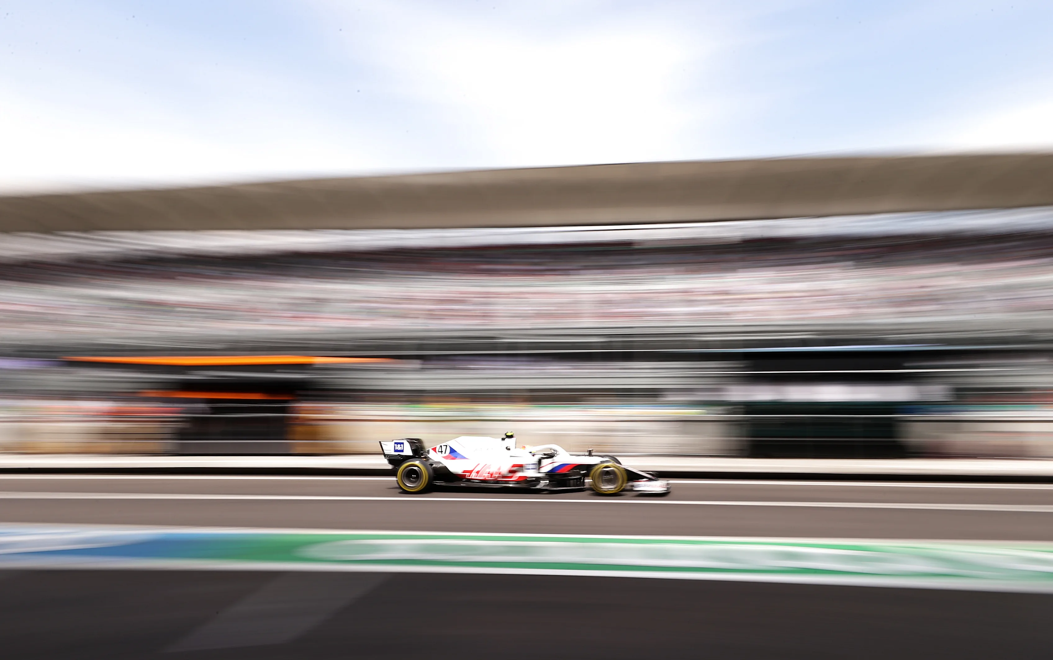 MEXICO CITY, MEXICO - NOVEMBER 05: Mick Schumacher of Germany driving the (47) Haas F1 Team VF-21 Ferrari in the Pitlane during practice ahead of the F1 Grand Prix of Mexico at Autodromo Hermanos Rodriguez on November 05, 2021 in Mexico City, Mexico. (Photo by Lars Baron/Getty Images)
