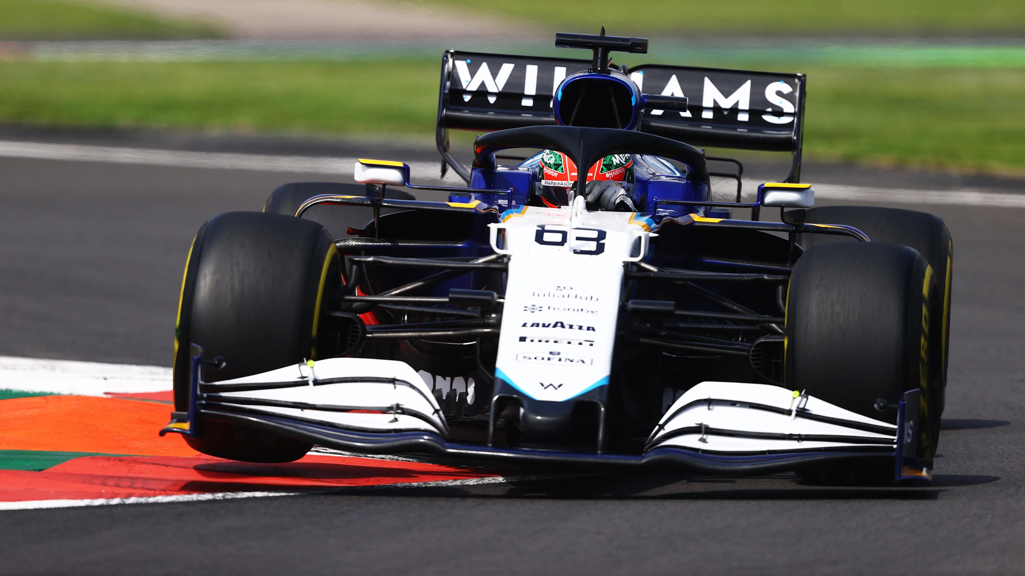 MEXICO CITY, MEXICO - NOVEMBER 05: George Russell of Great Britain driving the (63) Williams Racing FW43B Mercedes during practice ahead of the F1 Grand Prix of Mexico at Autodromo Hermanos Rodriguez on November 05, 2021 in Mexico City, Mexico. (Photo by Bryn Lennon - Formula 1/Formula 1 via Getty Images)