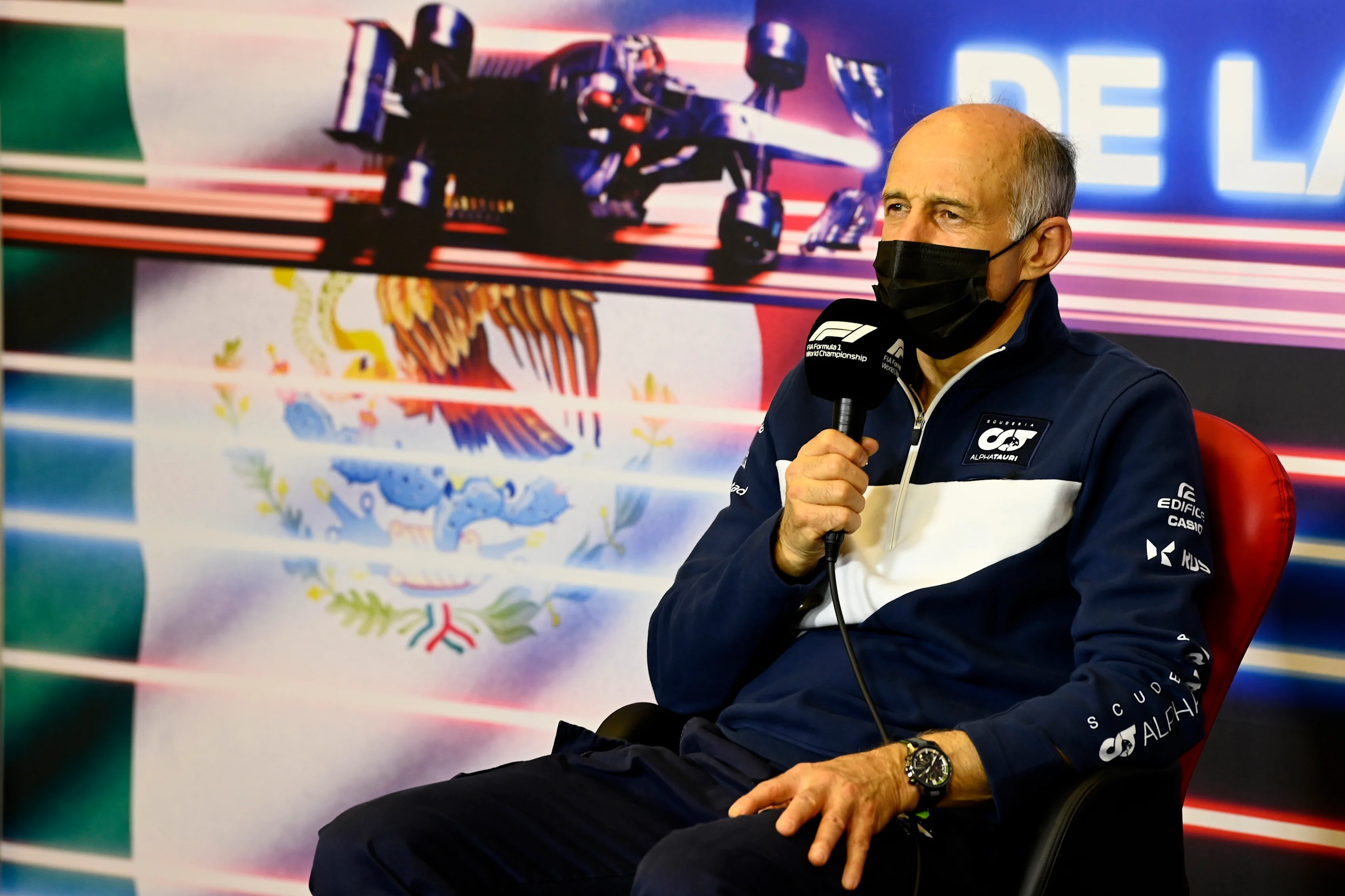 MEXICO CITY, MEXICO - NOVEMBER 05: Scuderia AlphaTauri Team Principal Franz Tost talks in the Team Principals Press Conference during practice ahead of the F1 Grand Prix of Mexico at Autodromo Hermanos Rodriguez on November 05, 2021 in Mexico City, Mexico. (Photo by Mark Sutton - Pool/Getty Images)