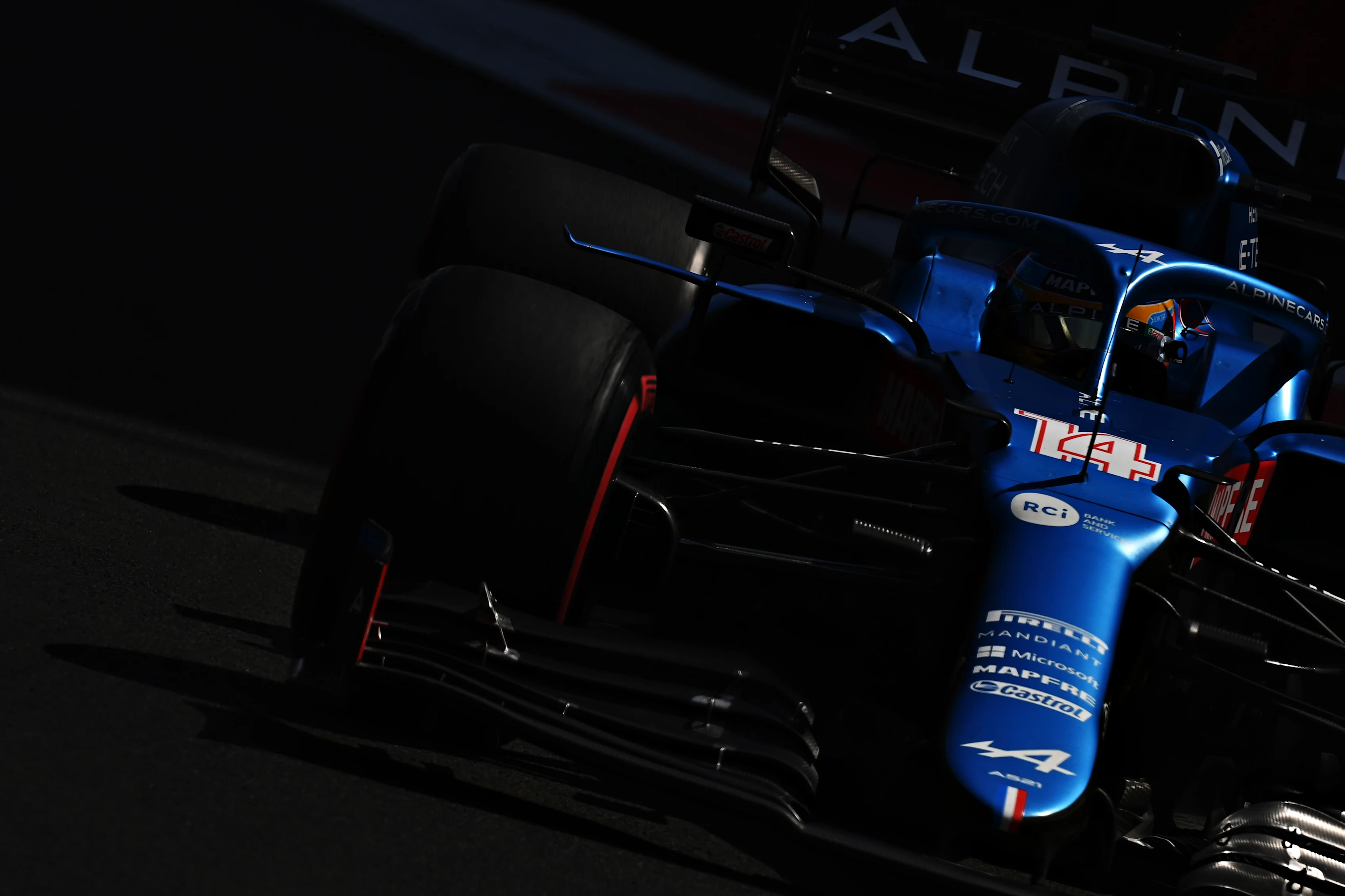 MEXICO CITY, MEXICO - NOVEMBER 06: Fernando Alonso of Spain driving the (14) Alpine A521 Renault during final practice ahead of the F1 Grand Prix of Mexico at Autodromo Hermanos Rodriguez on November 06, 2021 in Mexico City, Mexico. (Photo by Clive Mason/Getty Images)