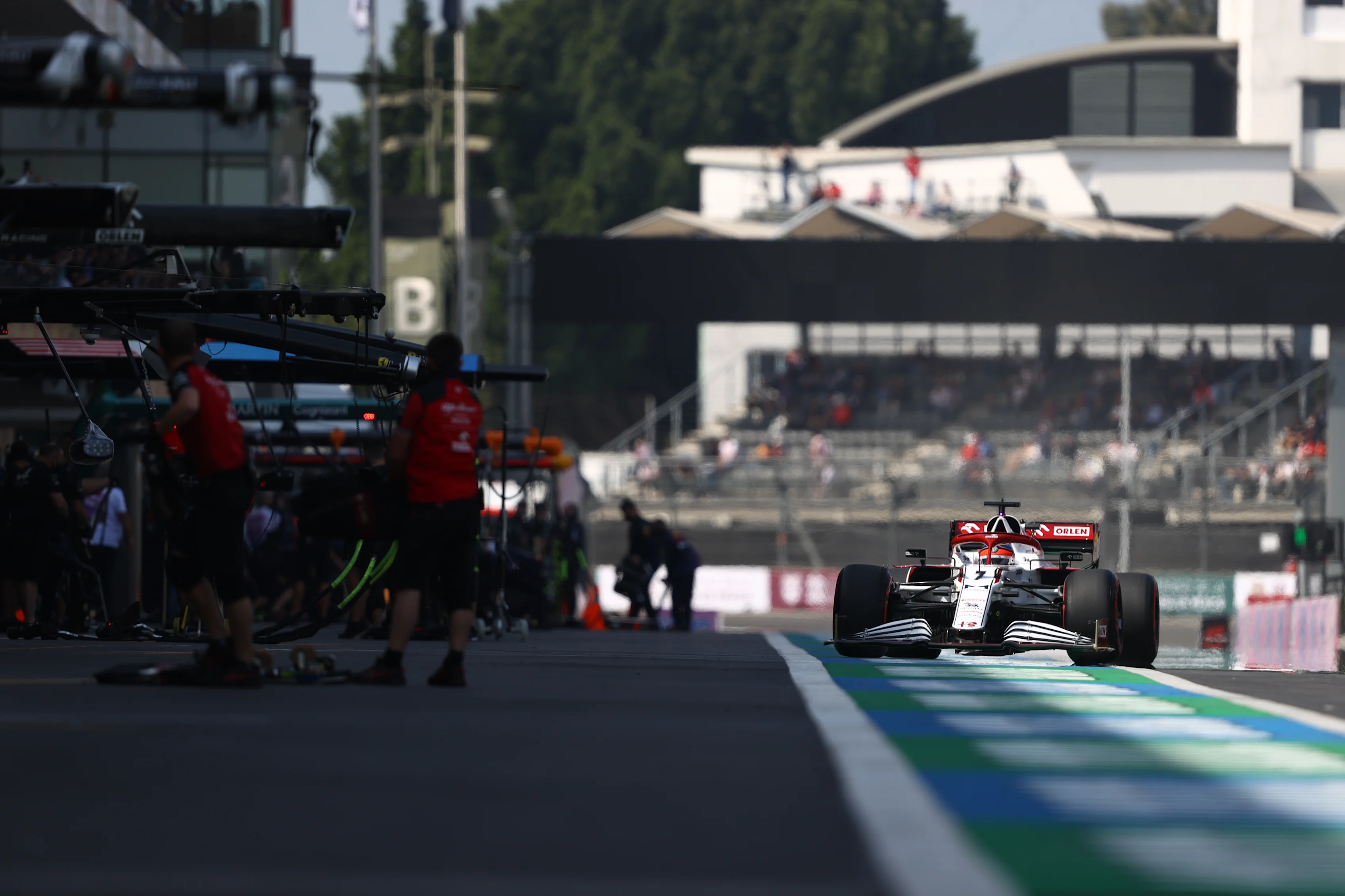 MEXICO CITY, MEXICO - NOVEMBER 06: Kimi Raikkonen of Finland driving the (7) Alfa Romeo Racing C41 Ferrari in the Pitlane during final practice ahead of the F1 Grand Prix of Mexico at Autodromo Hermanos Rodriguez on November 06, 2021 in Mexico City, Mexico. (Photo by Bryn Lennon - Formula 1/Formula 1 via Getty Images)