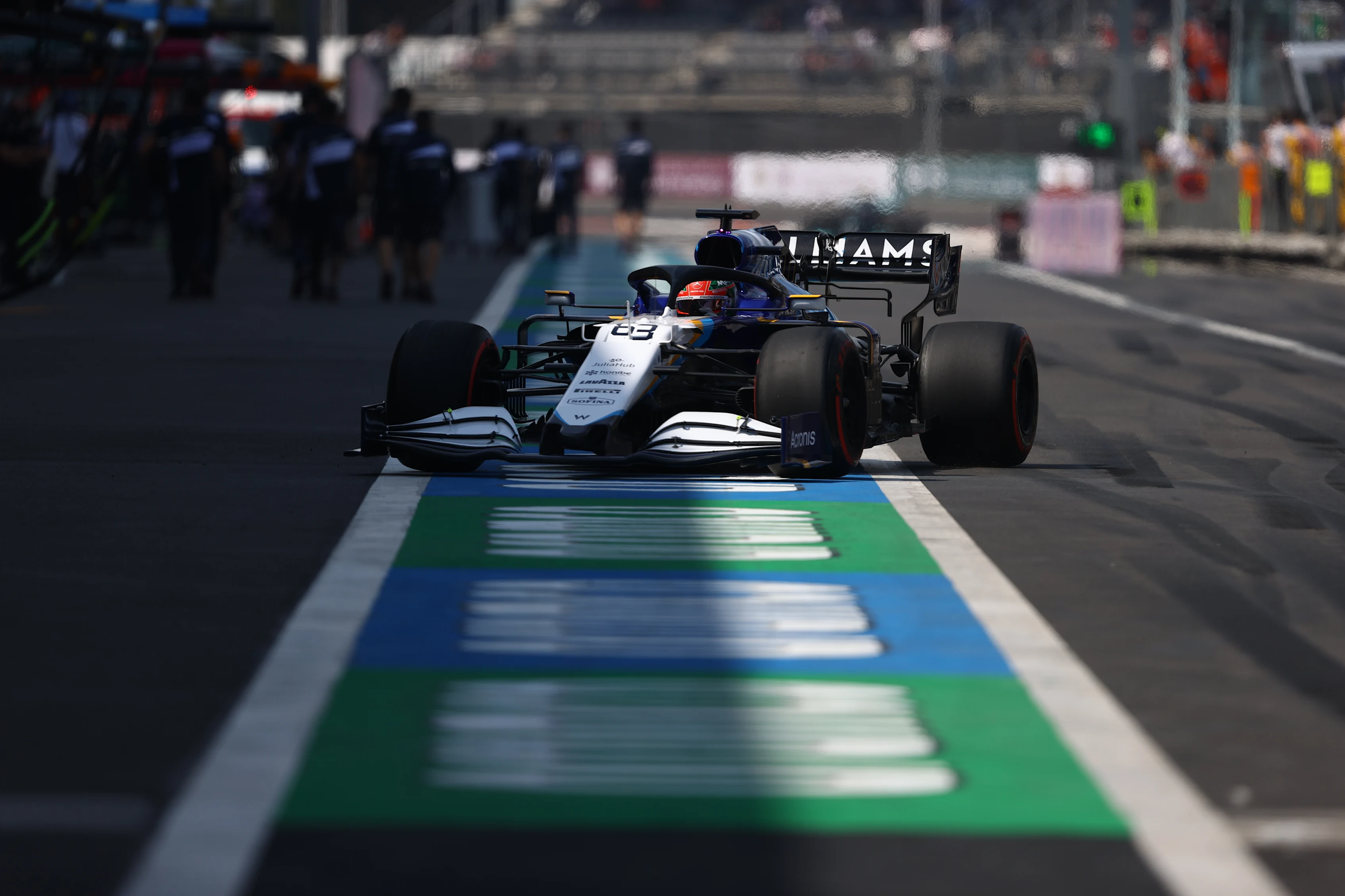 MEXICO CITY, MEXICO - NOVEMBER 06: George Russell of Great Britain driving the (63) Williams Racing FW43B Mercedes in the Pitlane during final practice ahead of the F1 Grand Prix of Mexico at Autodromo Hermanos Rodriguez on November 06, 2021 in Mexico City, Mexico. (Photo by Bryn Lennon - Formula 1/Formula 1 via Getty Images)