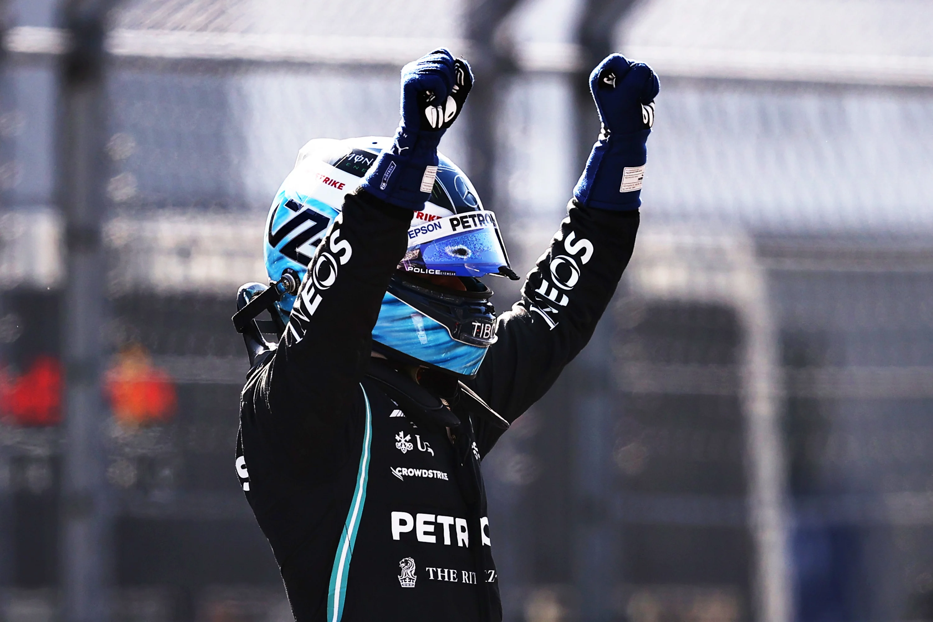 MEXICO CITY, MEXICO - NOVEMBER 06: Pole position qualifier Valtteri Bottas of Finland and Mercedes GP celebrates in parc ferme during qualifying ahead of the F1 Grand Prix of Mexico at Autodromo Hermanos Rodriguez on November 06, 2021 in Mexico City, Mexico. (Photo by Lars Baron/Getty Images)