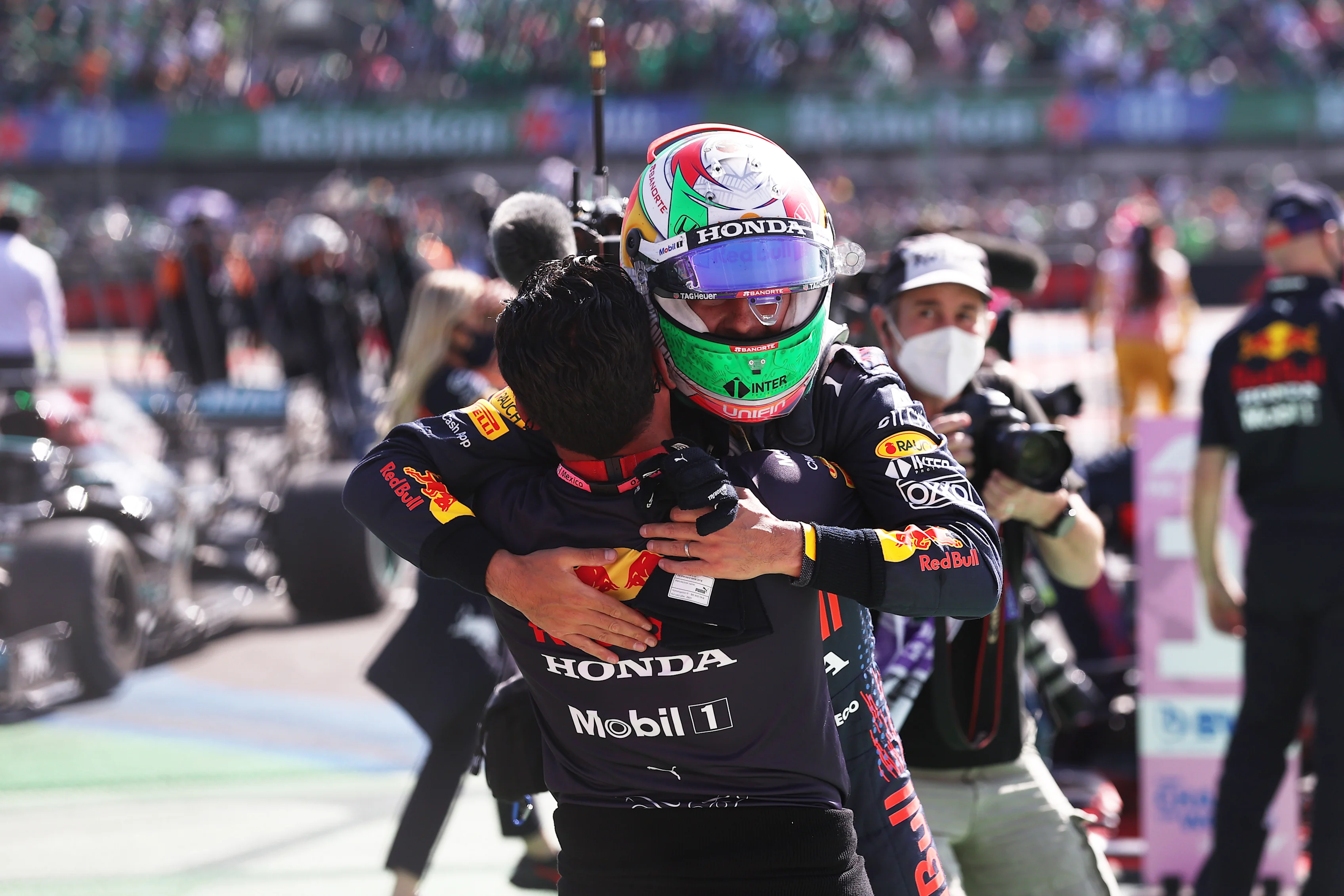 MEXICO CITY, MEXICO - NOVEMBER 07: Third placed Sergio Perez of Mexico and Red Bull Racing