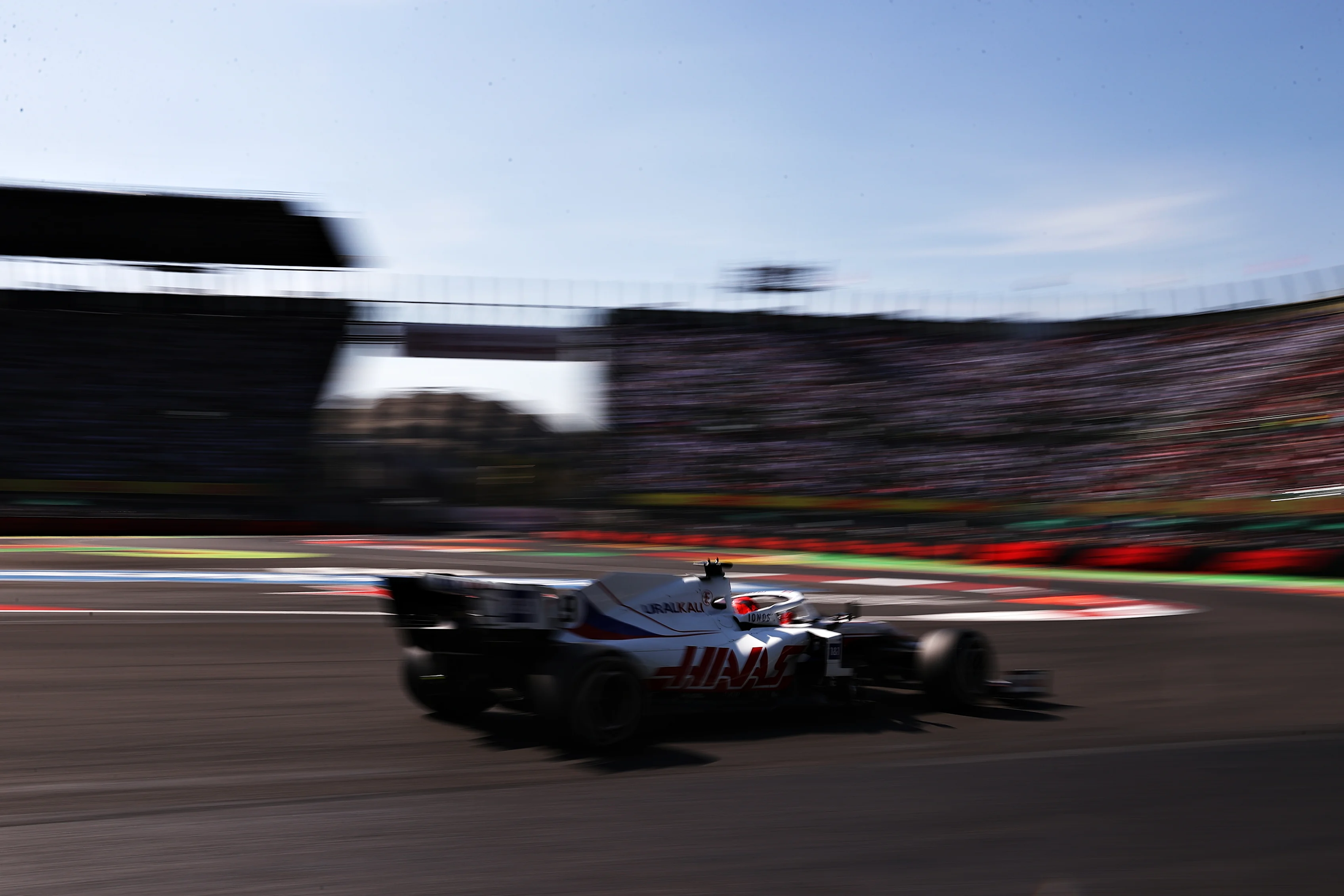 MEXICO CITY, MEXICO - NOVEMBER 07: Nikita Mazepin of Russia driving the (9) Haas F1 Team VF-21 Ferrari during the F1 Grand Prix of Mexico at Autodromo Hermanos Rodriguez on November 07, 2021 in Mexico City, Mexico. (Photo by Lars Baron/Getty Images)