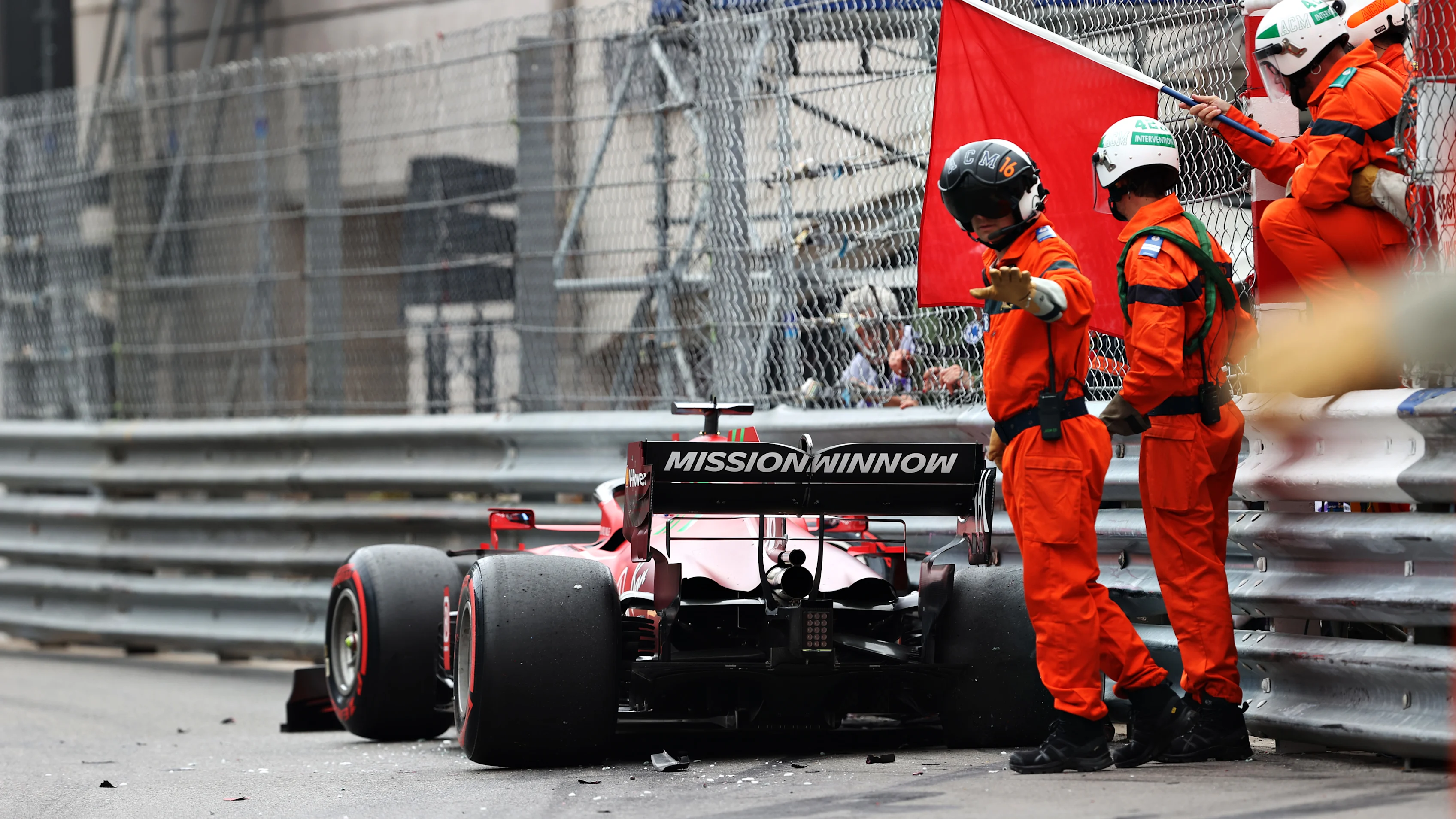 MONTE-CARLO, MONACO - MAY 22: Pole position qualifier Charles Leclerc of Monaco and Ferrari crashes