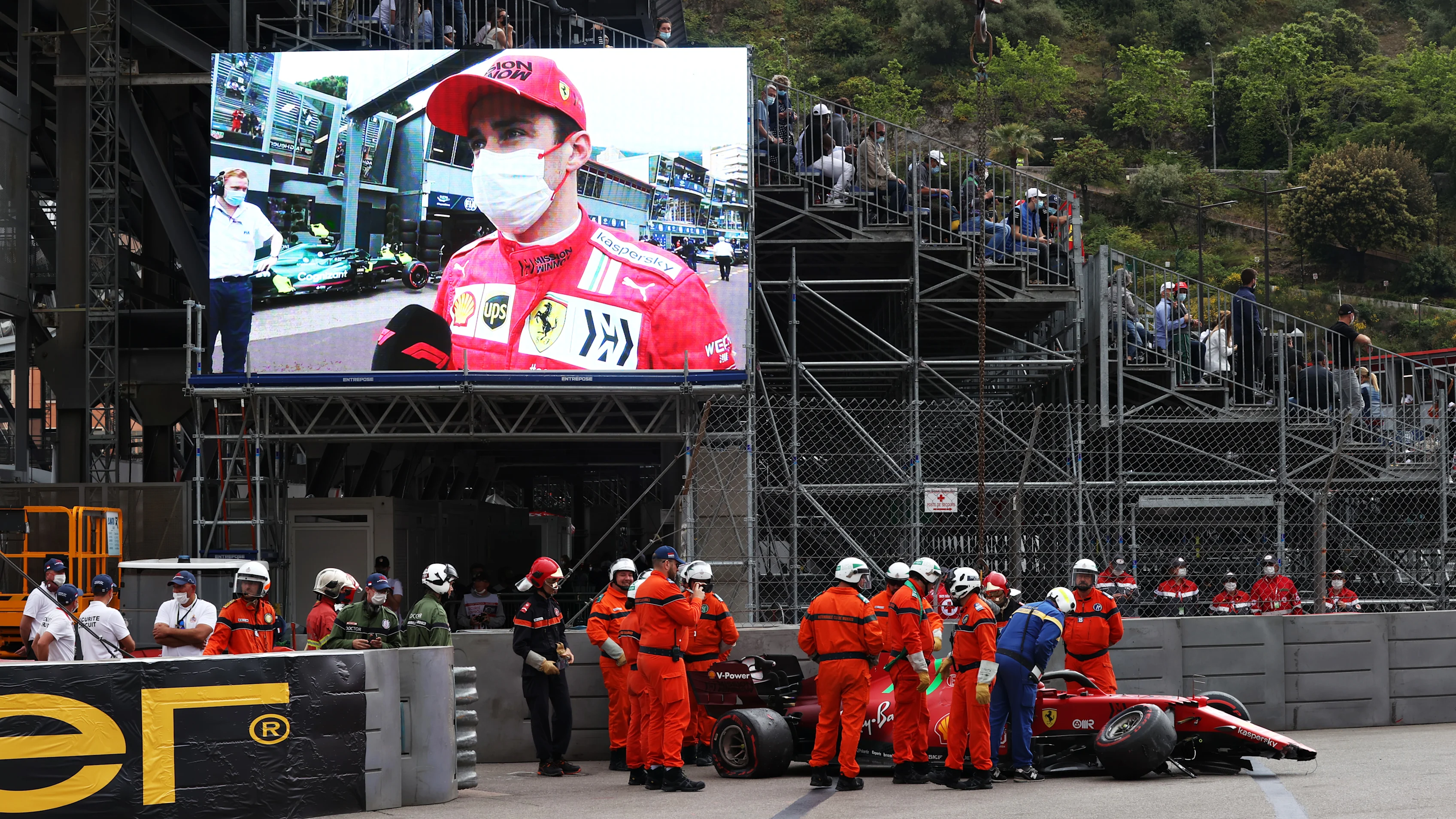 MONTE-CARLO, MONACO - MAY 22: The broken car of Charles Leclerc of Monaco and Ferrari is pictured