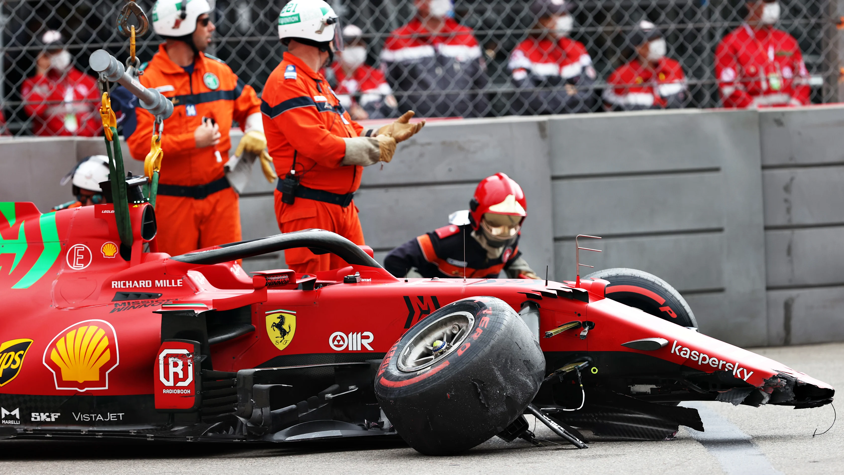 MONTE-CARLO, MONACO - MAY 22: The broken car of Charles Leclerc of Monaco and Ferrari is pictured