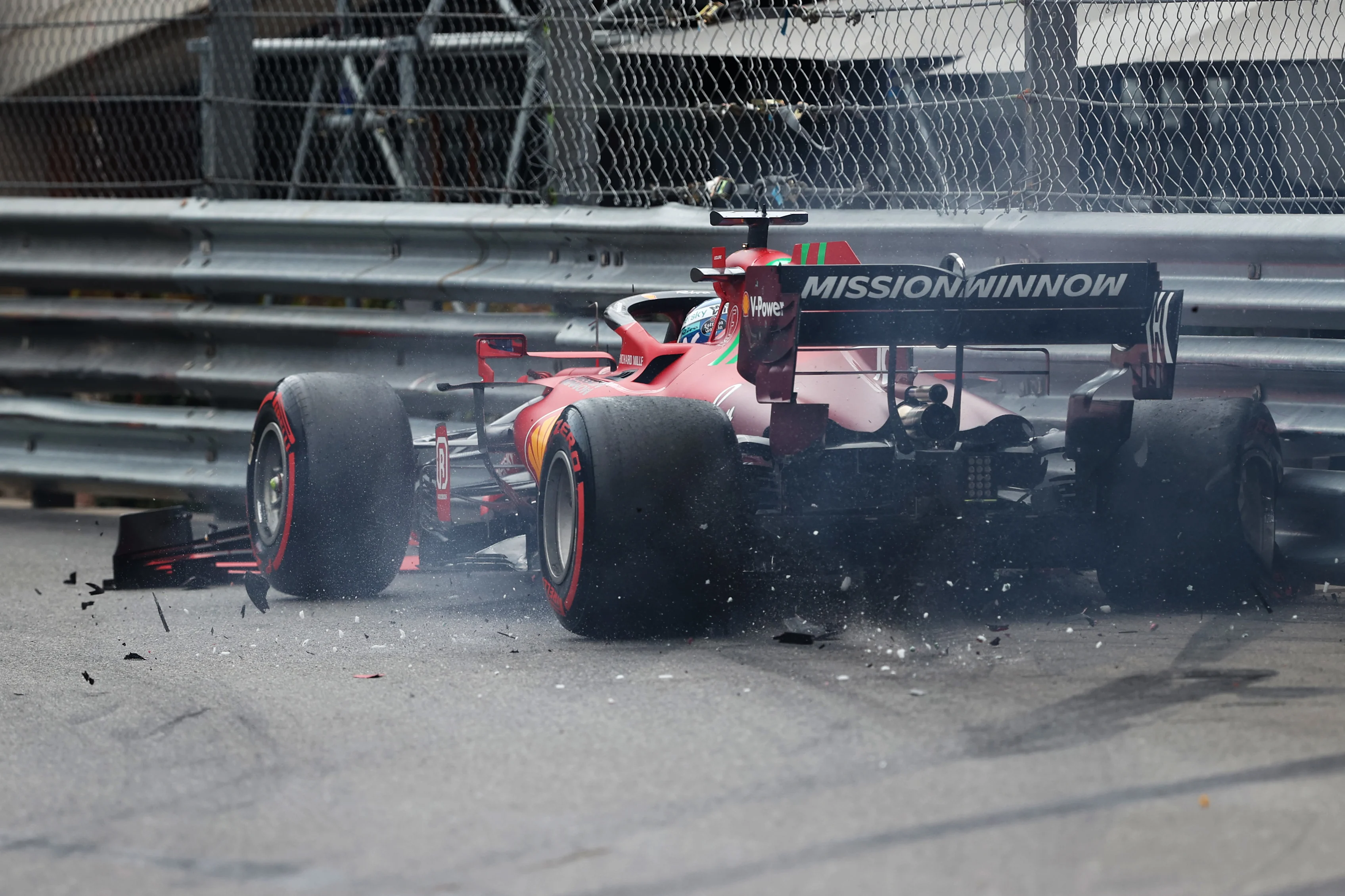 MONTE-CARLO, MONACO - MAY 22: Pole position qualifier Charles Leclerc of Monaco and Ferrari crashes