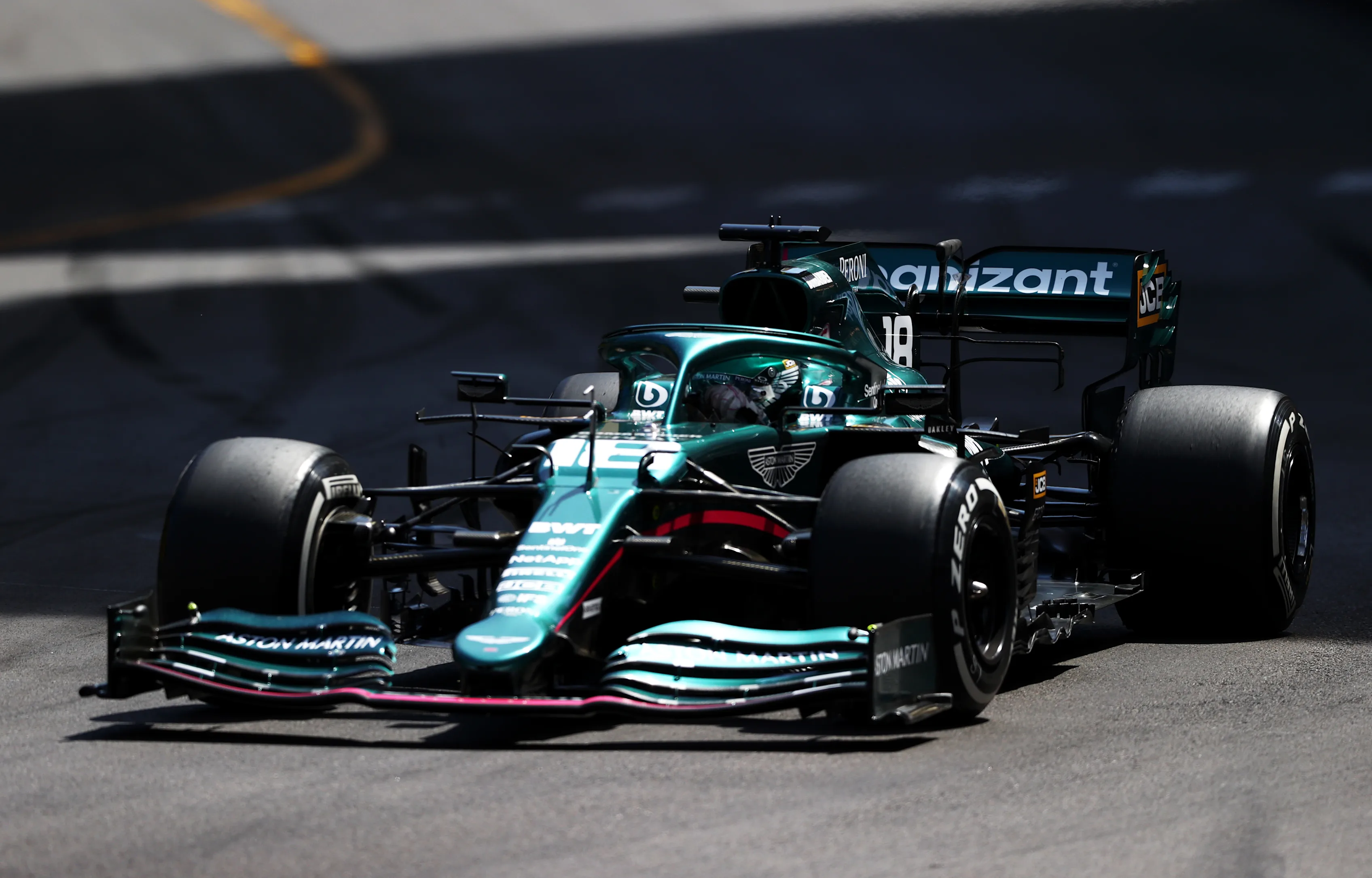 MONTE-CARLO, MONACO - MAY 23: Lance Stroll of Canada driving the (18) Aston Martin AMR21 Mercedes on track during the F1 Grand Prix of Monaco at Circuit de Monaco on May 23, 2021 in Monte-Carlo, Monaco. (Photo by Bryn Lennon/Getty Images)