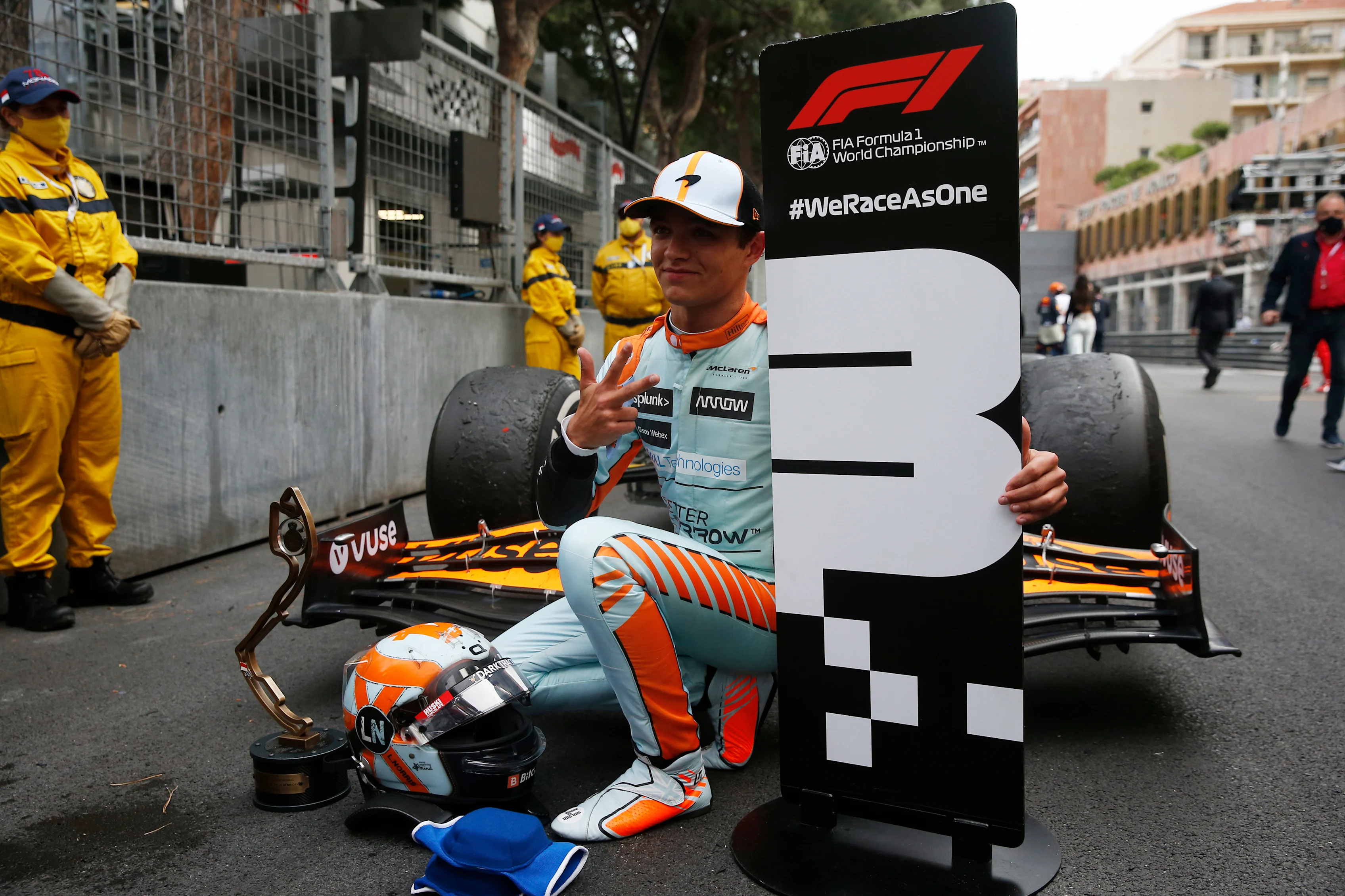 MONTE-CARLO, MONACO - MAY 23: Third placed Lando Norris of Great Britain and McLaren F1 celebrates in parc ferme during the F1 Grand Prix of Monaco at Circuit de Monaco on May 23, 2021 in Monte-Carlo, Monaco. (Photo by Sebastian Nogier - Pool/Getty Images)