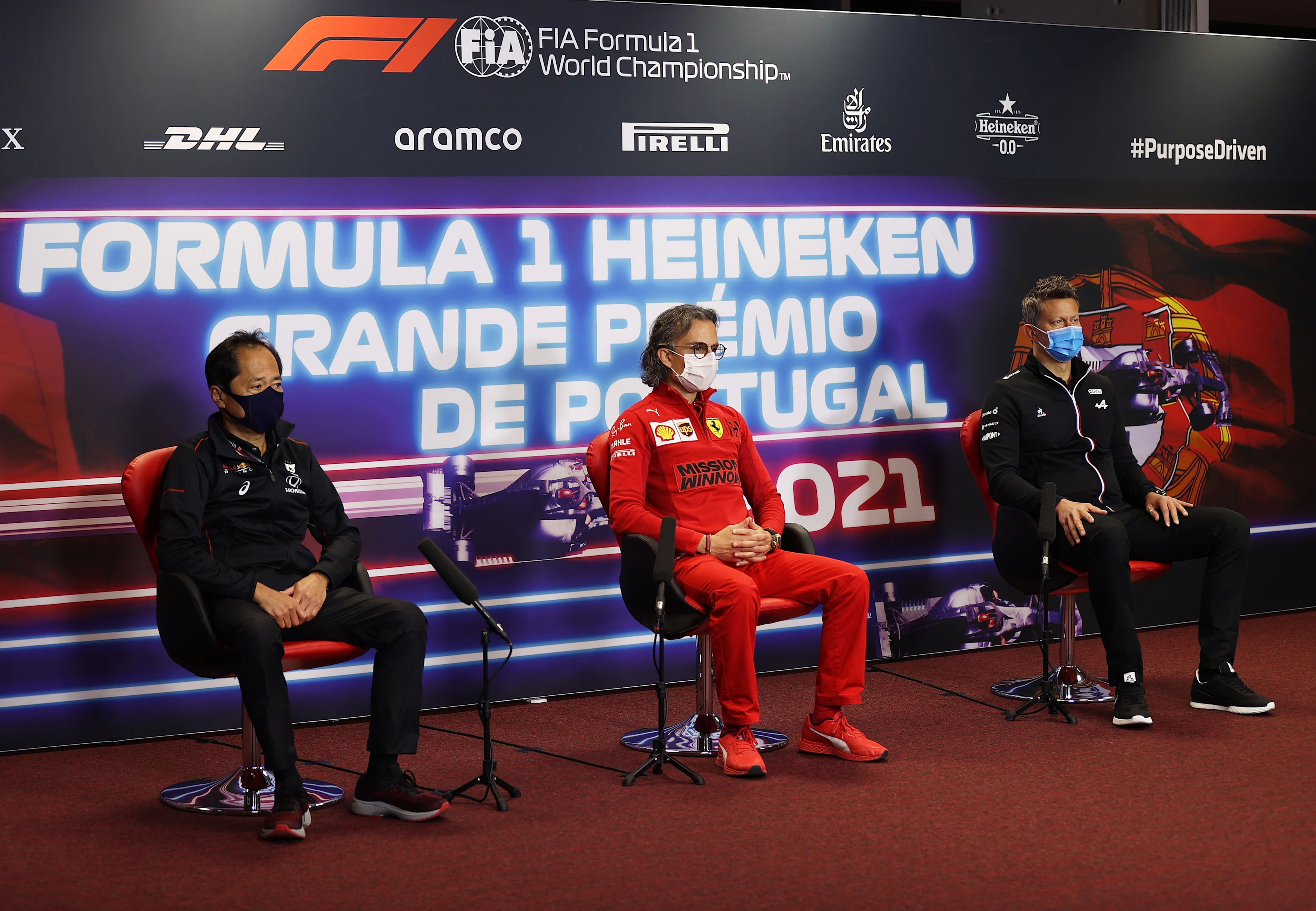 PORTIMAO, PORTUGAL - APRIL 30: Toyoharu Tanabe of Honda, Laurent Mekies, Scuderia Ferrari Sporting Director and Marcin Budkowski, Executive Director of Alpine F1 Team talk in the Team Principals Press Conference during practice ahead of the F1 Grand Prix of Portugal at Autodromo Internacional Do Algarve on April 30, 2021 in Portimao, Portugal. (Photo by Lars Baron/Getty Images)