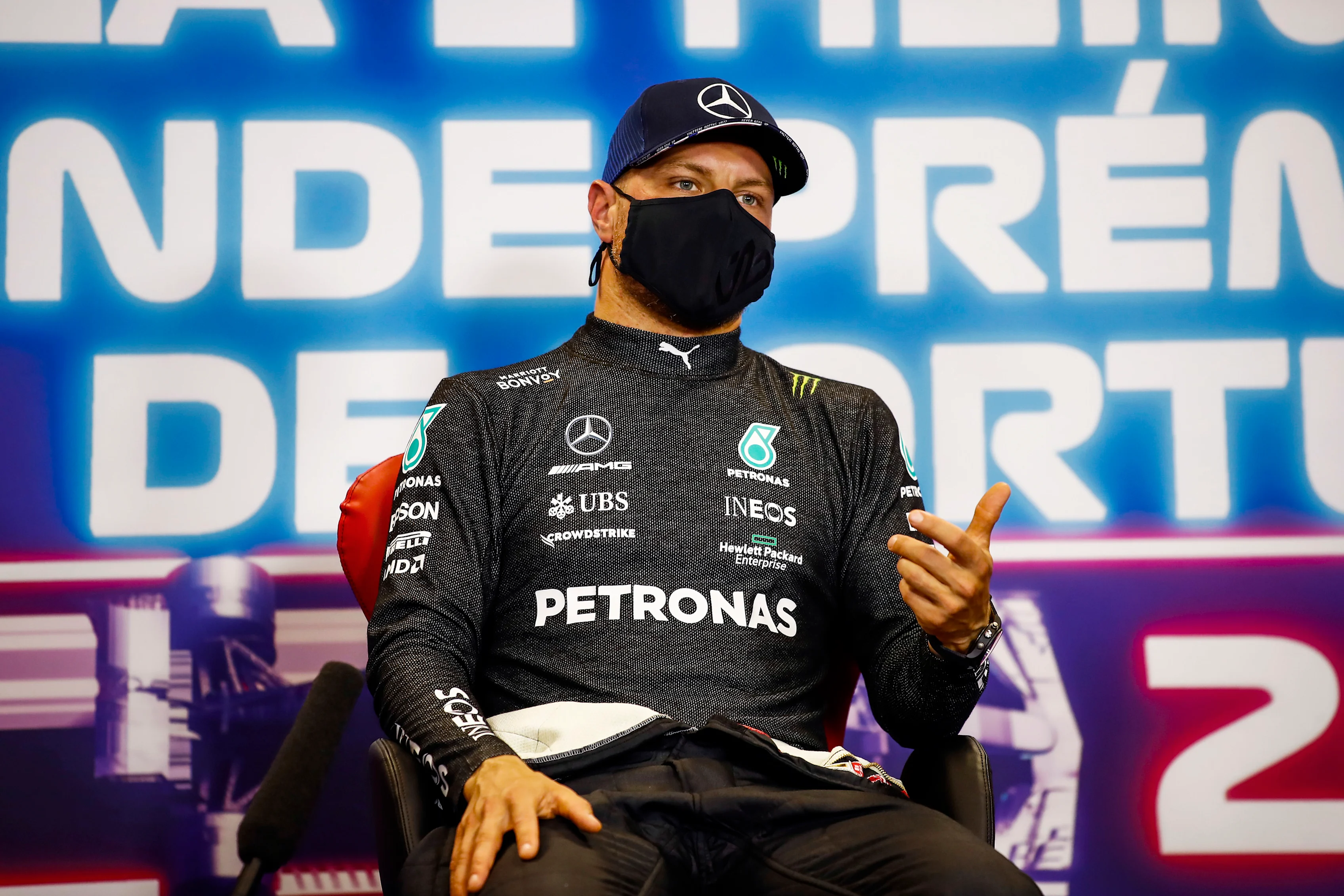 PORTIMAO, PORTUGAL - MAY 01: Pole position qualifier Valtteri Bottas of Finland and Mercedes GP talks during a Press Conference after qualifying for the F1 Grand Prix of Portugal at Autodromo Internacional Do Algarve on May 01, 2021 in Portimao, Portugal. (Photo by Xavier Bonilla - Pool/Getty Images)