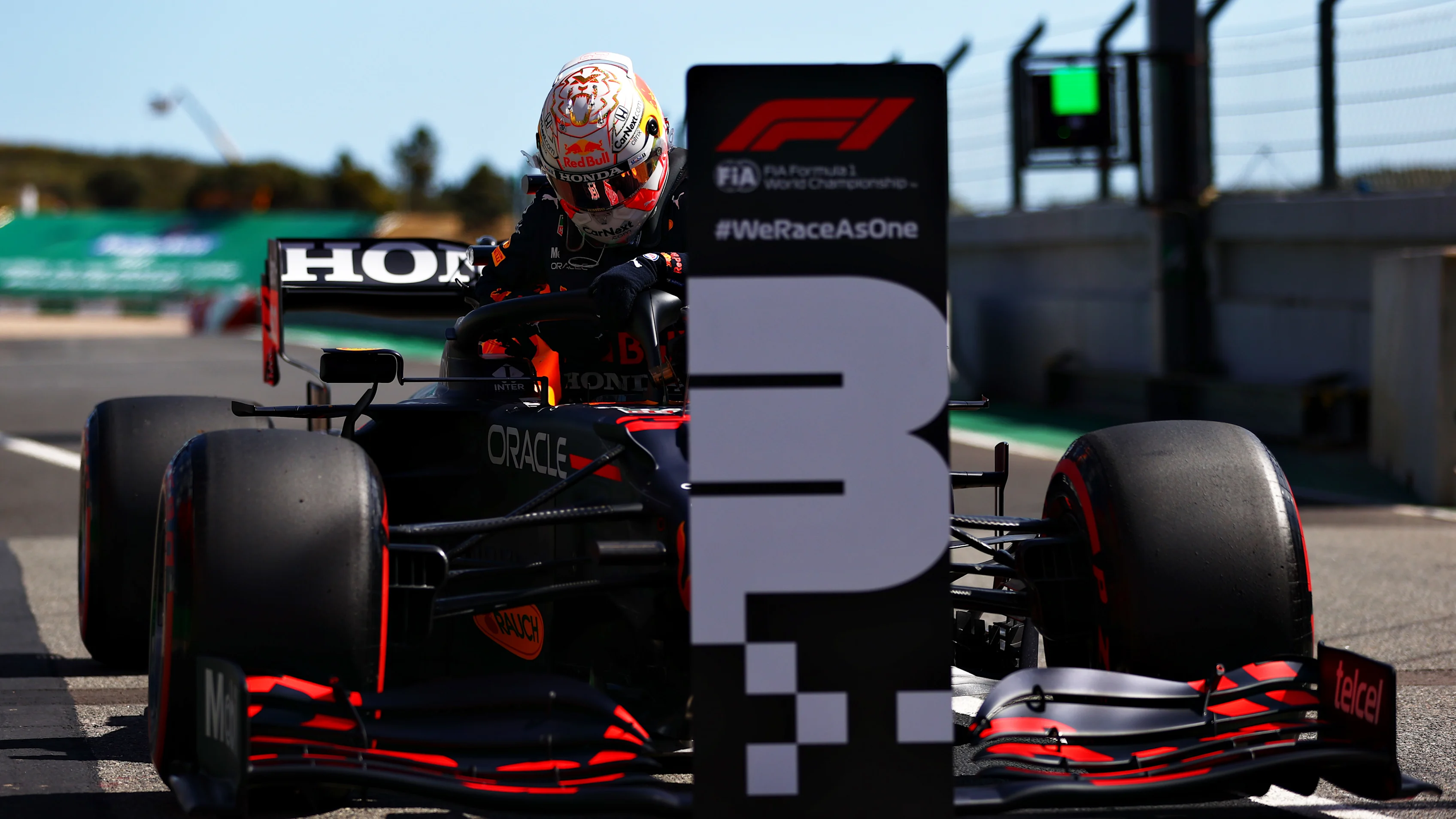 PORTIMAO, PORTUGAL - MAY 01: Third place qualifier Max Verstappen of Netherlands and Red Bull Racing climbs from his car in parc ferme during qualifying for the F1 Grand Prix of Portugal at Autodromo Internacional Do Algarve on May 01, 2021 in Portimao, Portugal. (Photo by Dan Istitene - Formula 1/Formula 1 via Getty Images)