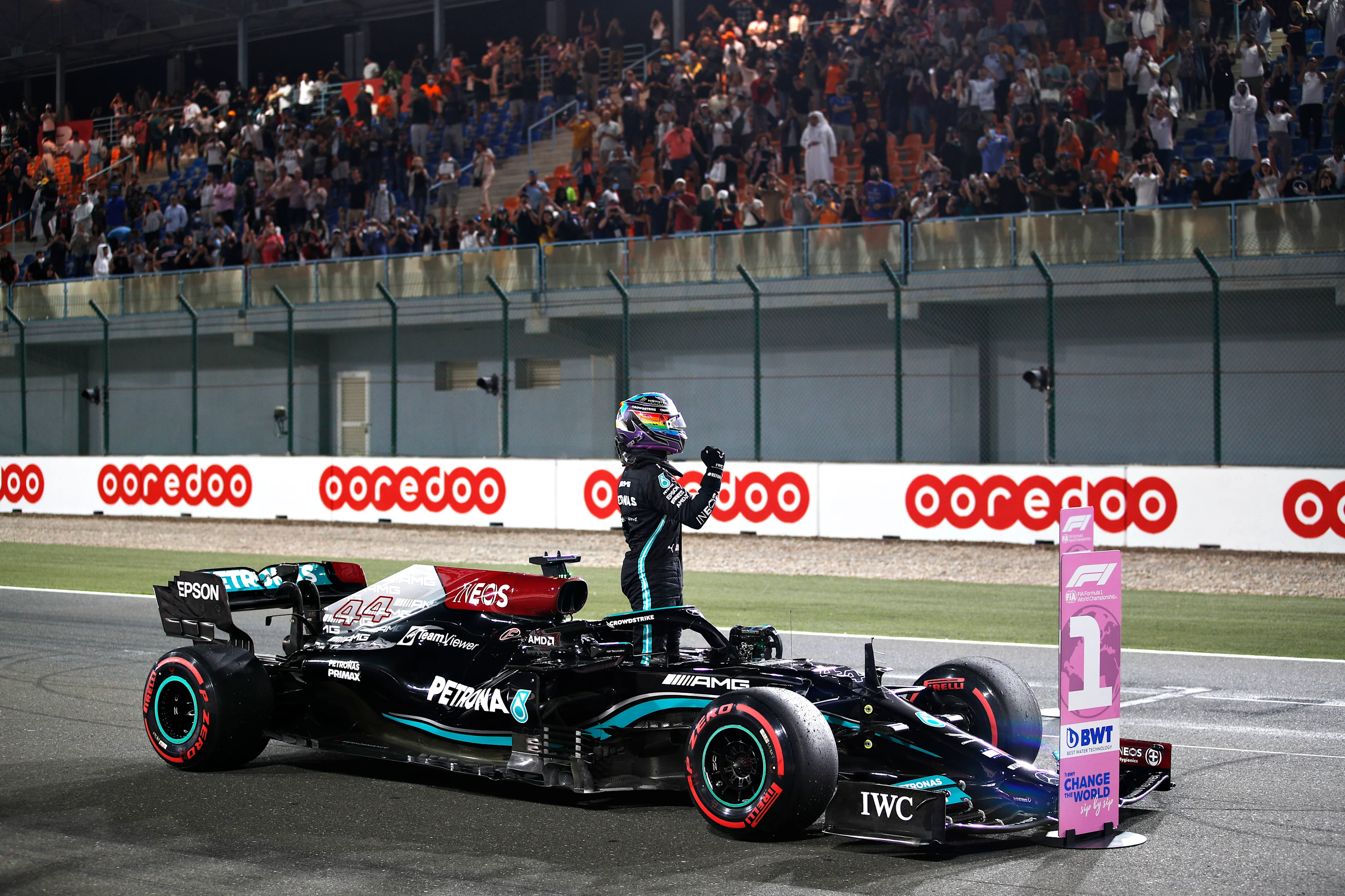 DOHA, QATAR - NOVEMBER 20: Pole position qualifier Lewis Hamilton of Great Britain and Mercedes GP