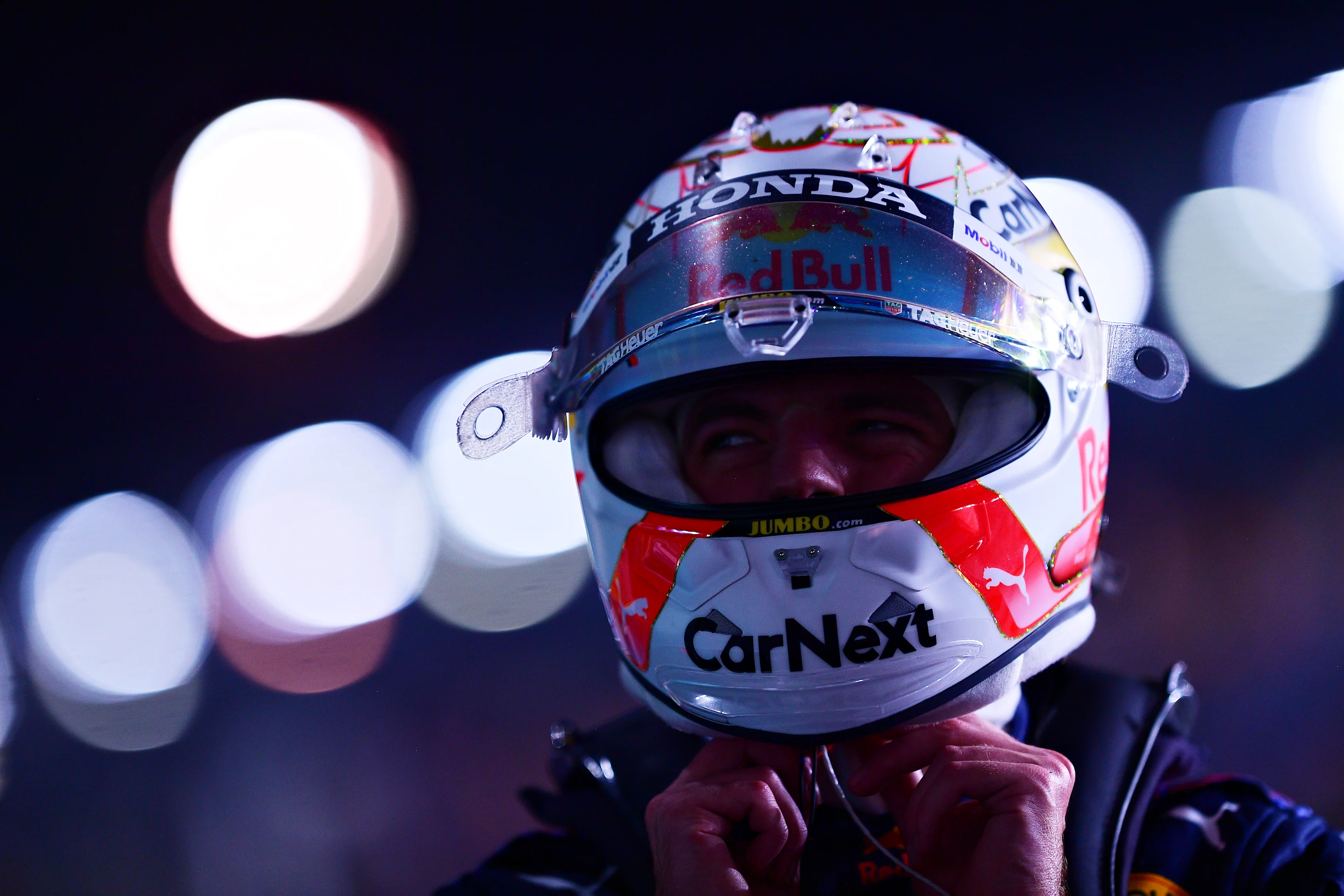 DOHA, QATAR - NOVEMBER 20: Second placed qualifier Max Verstappen of Netherlands and Red Bull Racing removes his helmet in parc ferme after qualifying ahead of the F1 Grand Prix of Qatar at Losail International Circuit on November 20, 2021 in Doha, Qatar. (Photo by Mario Renzi - Formula 1/Formula 1 via Getty Images)