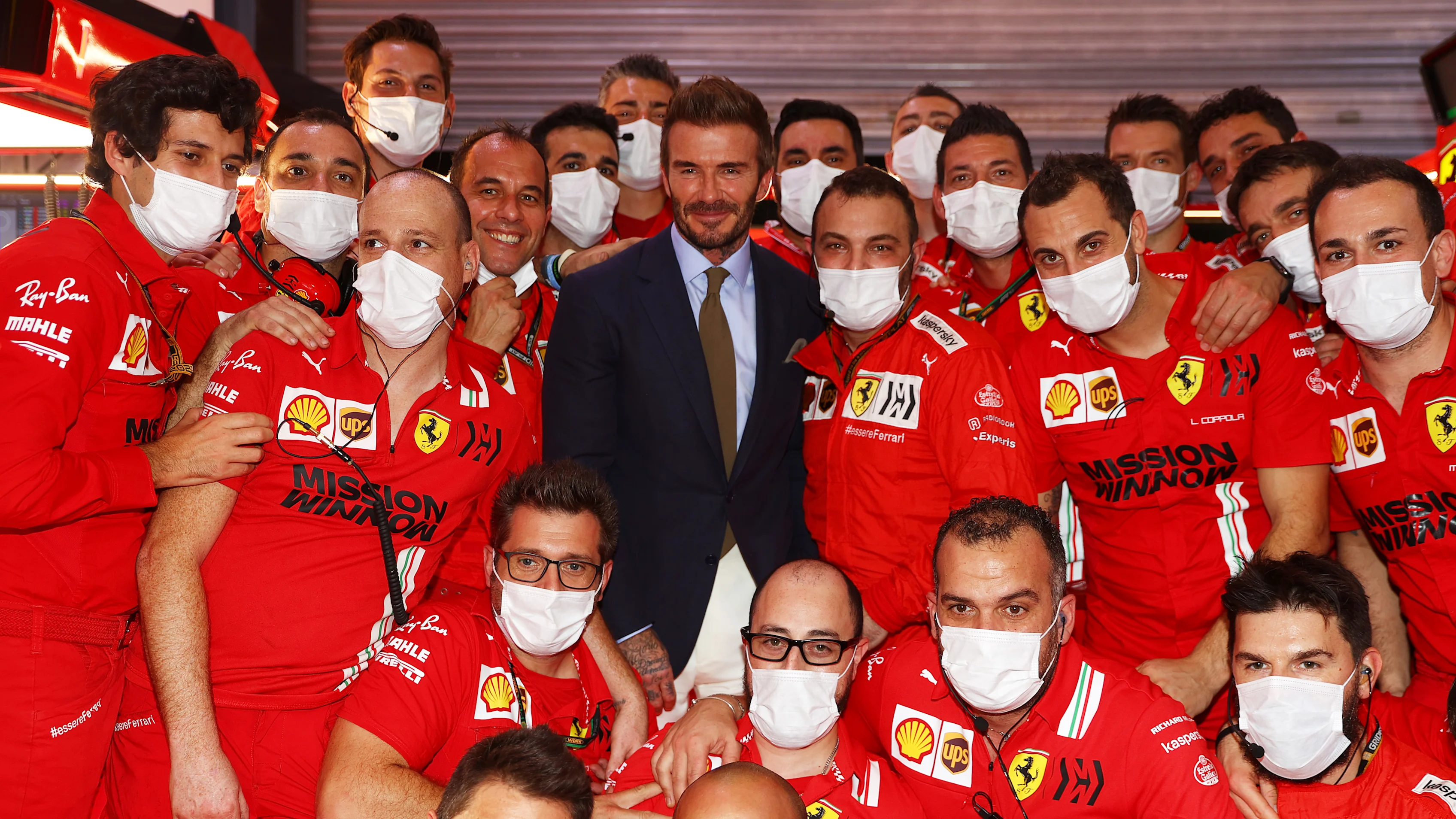 DOHA, QATAR - NOVEMBER 21: David Beckham poses for a photo with the Ferrari team before the F1 Grand Prix of Qatar at Losail International Circuit on November 21, 2021 in Doha, Qatar. (Photo by Dan Istitene - Formula 1/Formula 1 via Getty Images)