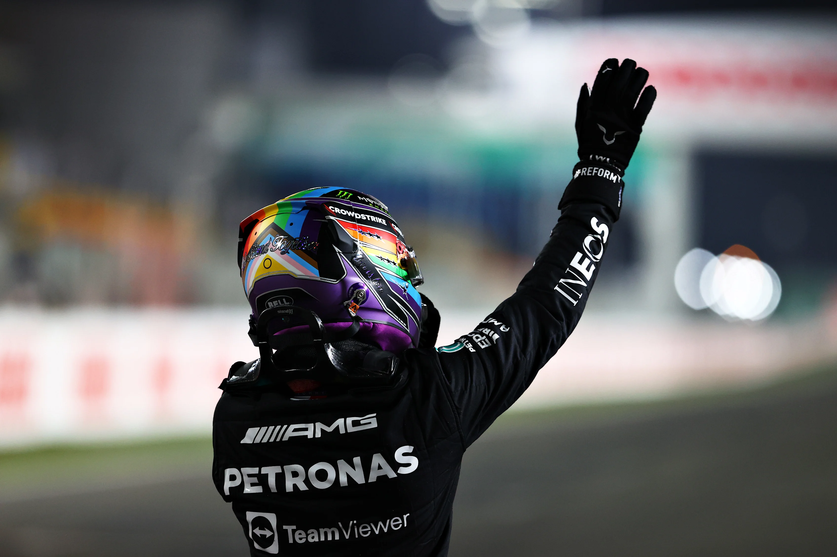 DOHA, QATAR - NOVEMBER 21: Race winner Lewis Hamilton of Great Britain and Mercedes GP celebrates in parc ferme during the F1 Grand Prix of Qatar at Losail International Circuit on November 21, 2021 in Doha, Qatar. (Photo by Dan Istitene - Formula 1/Formula 1 via Getty Images)