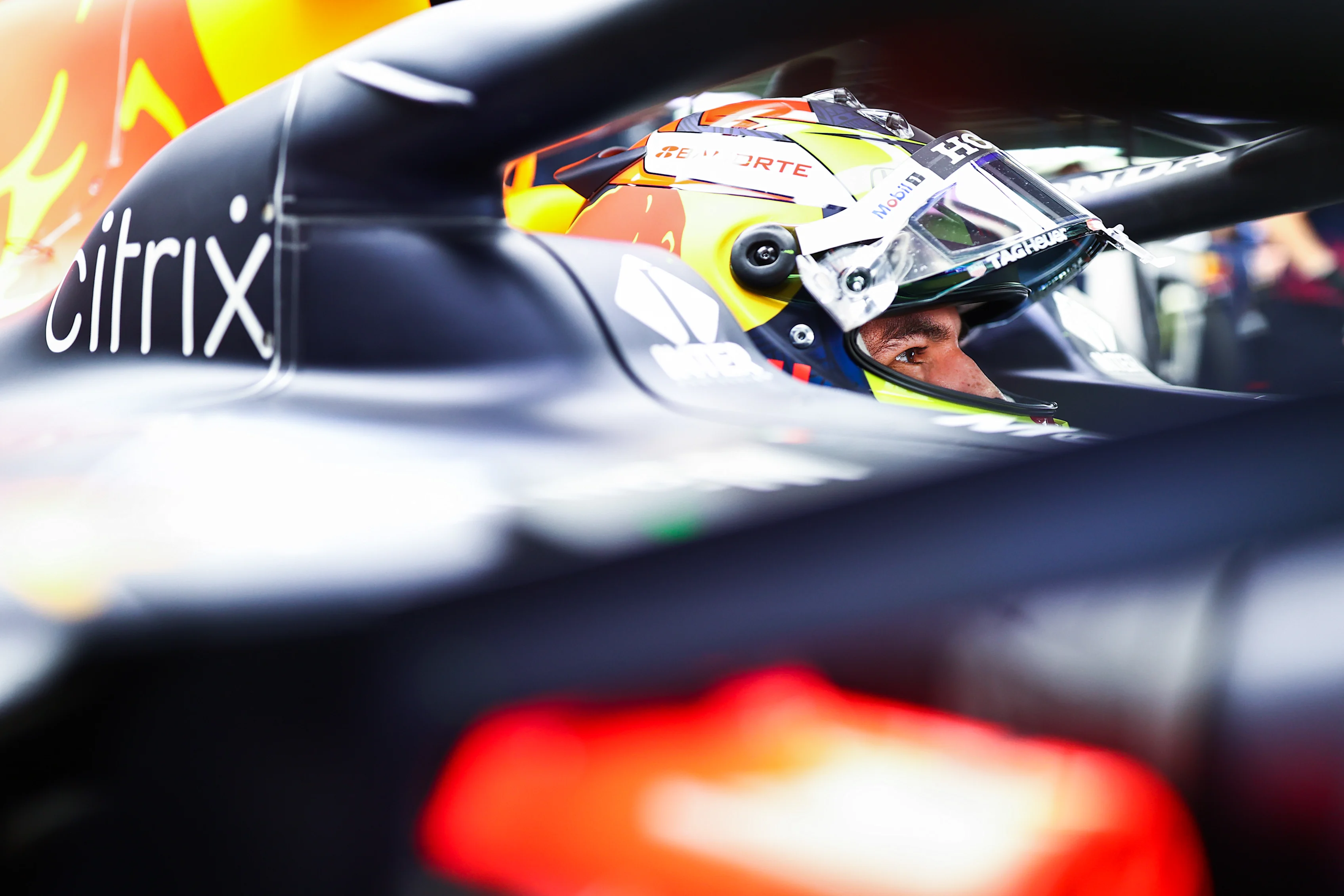 SOCHI, RUSSIA - SEPTEMBER 24: Sergio Perez of Mexico and Red Bull Racing prepares to drive in the garage during practice ahead of the F1 Grand Prix of Russia at Sochi Autodrom on September 24, 2021 in Sochi, Russia. (Photo by Mark Thompson/Getty Images)