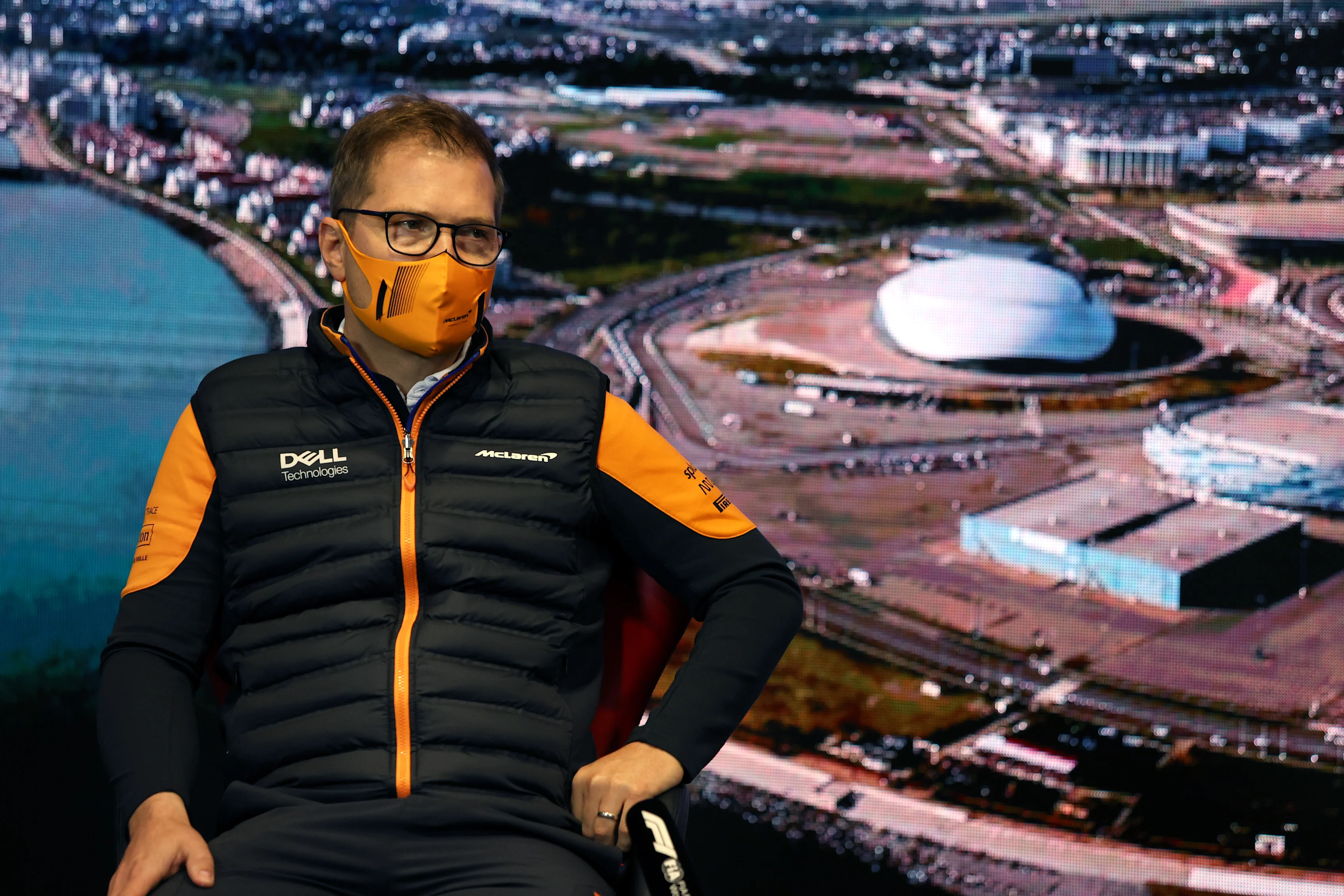 SOCHI, RUSSIA - SEPTEMBER 24: McLaren Team Principal Andreas Seidl talks in the Team Principals Press Conference during practice ahead of the F1 Grand Prix of Russia at Sochi Autodrom on September 24, 2021 in Sochi, Russia. (Photo by XPB - Pool/Getty Images)