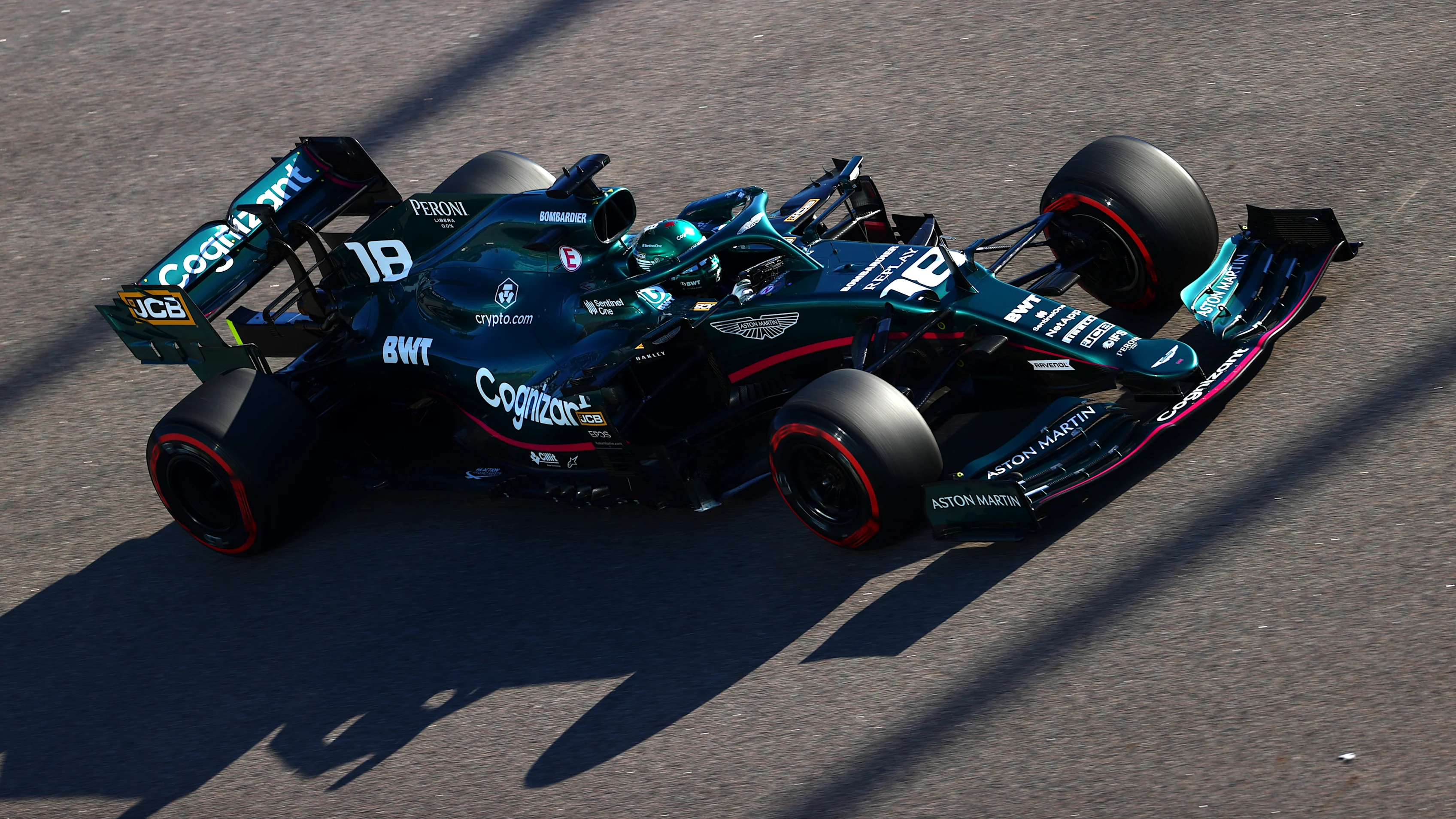 SOCHI, RUSSIA - SEPTEMBER 24: Lance Stroll of Canada driving the (18) Aston Martin AMR21 Mercedes during practice ahead of the F1 Grand Prix of Russia at Sochi Autodrom on September 24, 2021 in Sochi, Russia. (Photo by Dan Istitene - Formula 1/Formula 1 via Getty Images)