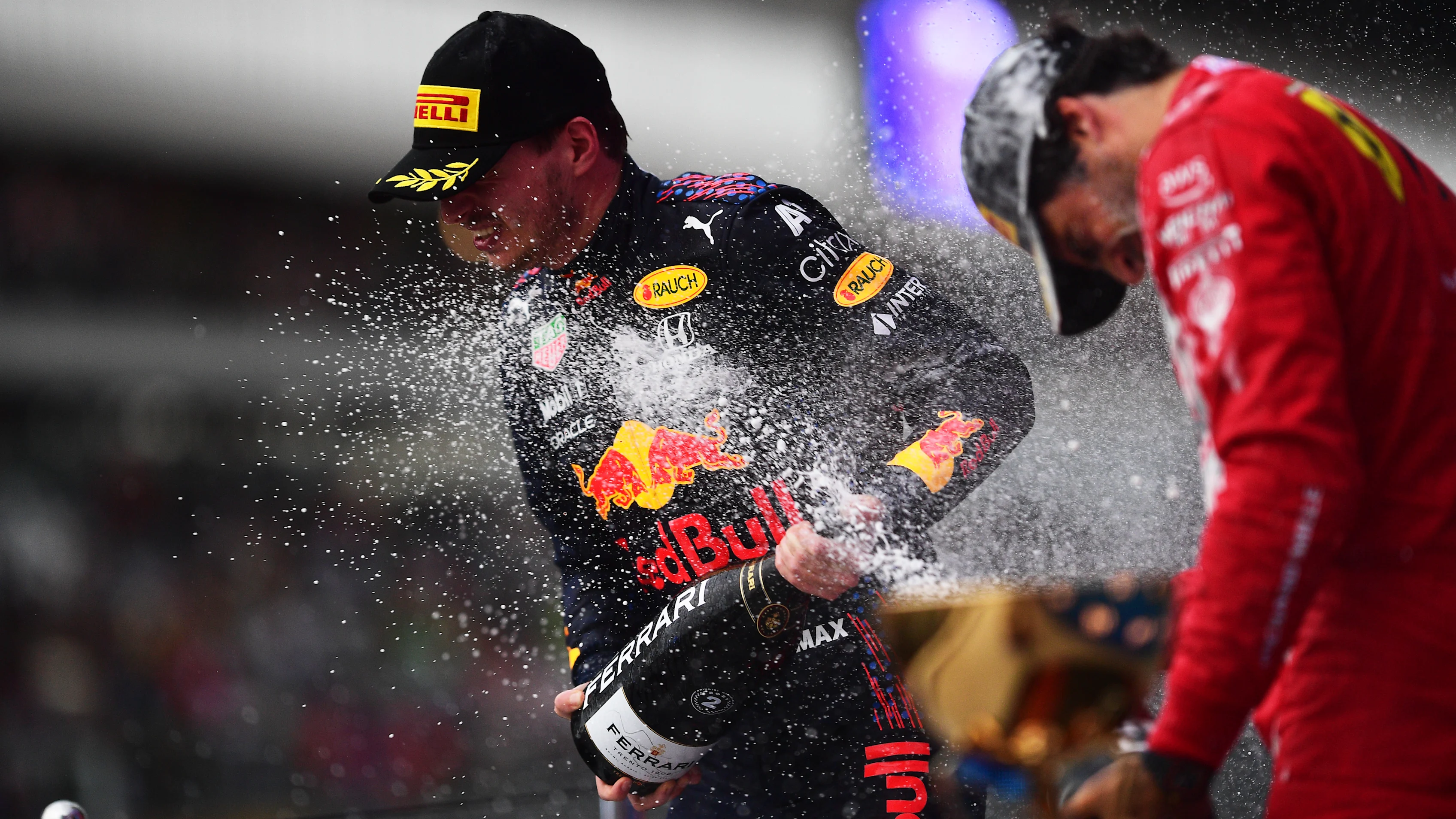 SOCHI, RUSSIA - SEPTEMBER 26: Second placed Max Verstappen of Netherlands and Red Bull Racing celebrates on the podium during the F1 Grand Prix of Russia at Sochi Autodrom on September 26, 2021 in Sochi, Russia. (Photo by Mario Renzi - Formula 1/Formula 1 via Getty Images)